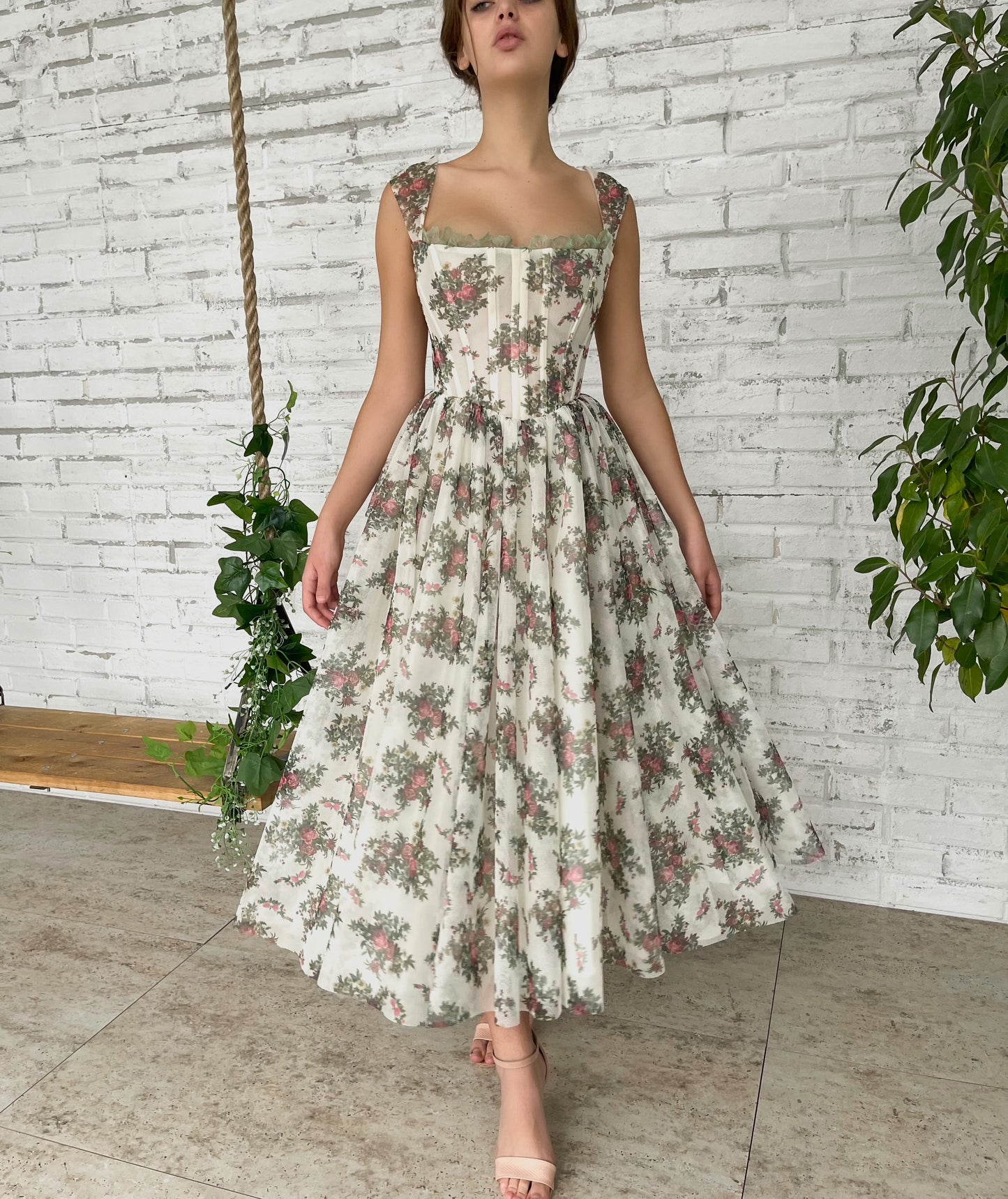 White midi dress with printed flowers and straps
