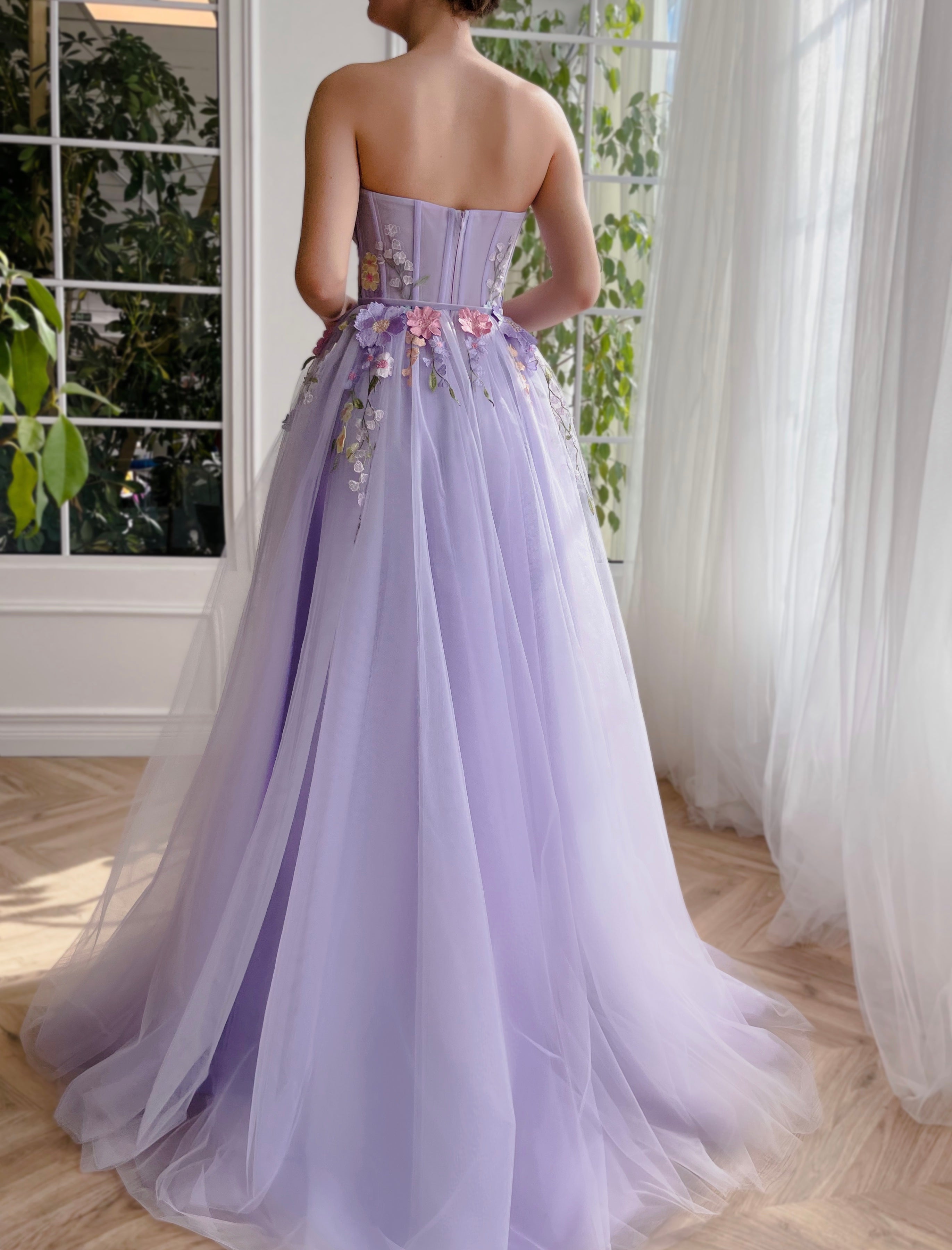 Purple A-Line dress with no sleeves and embroidery