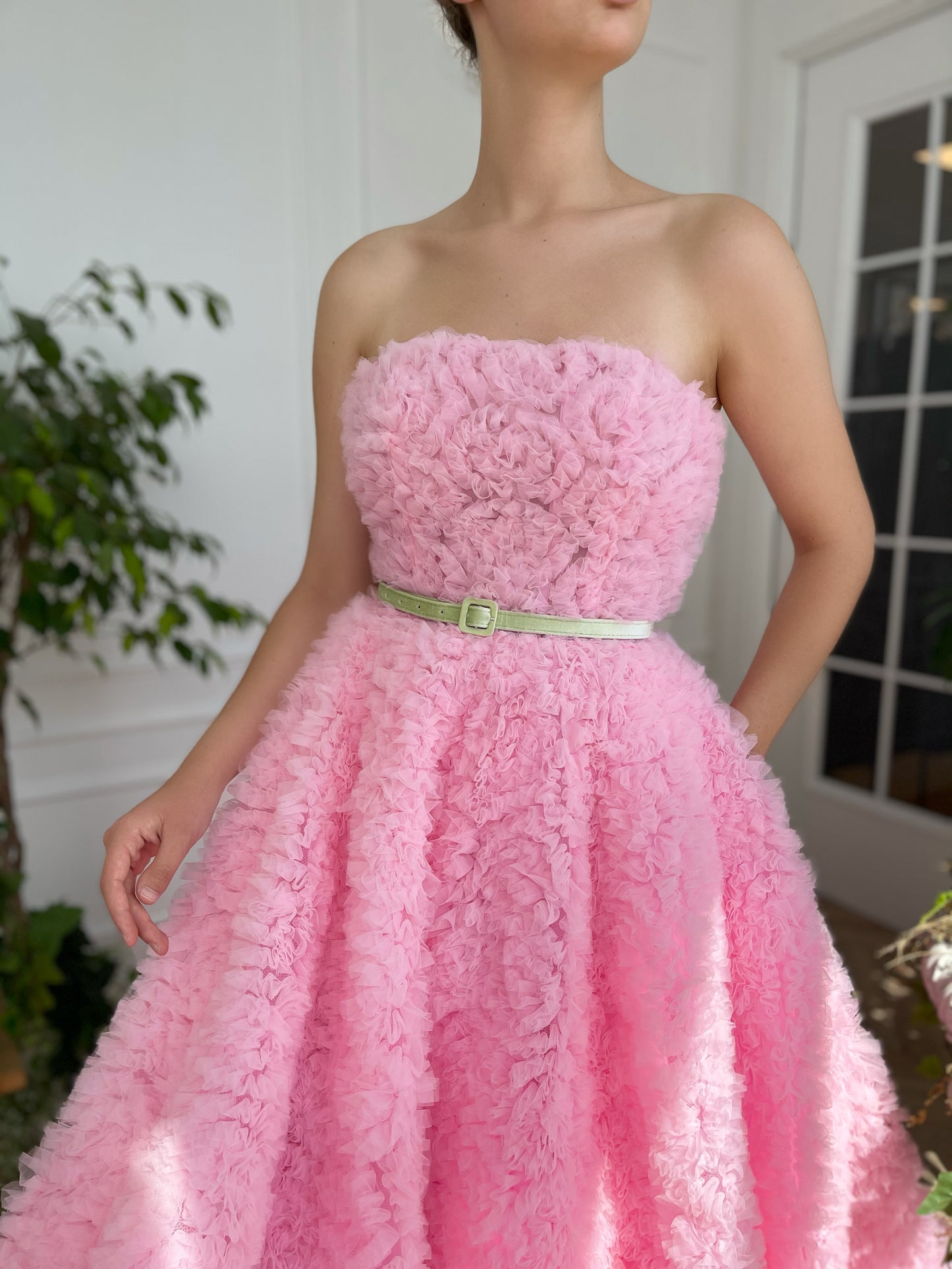 Pink A-Line dress with belt and no sleeves