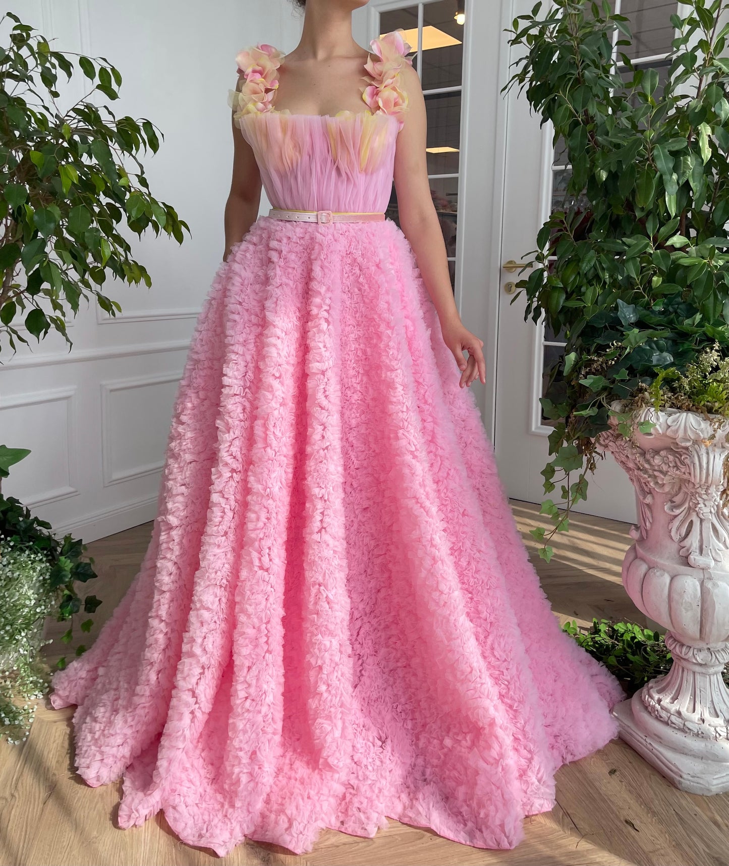 Pink A-Line dress with belt, embroidery and straps