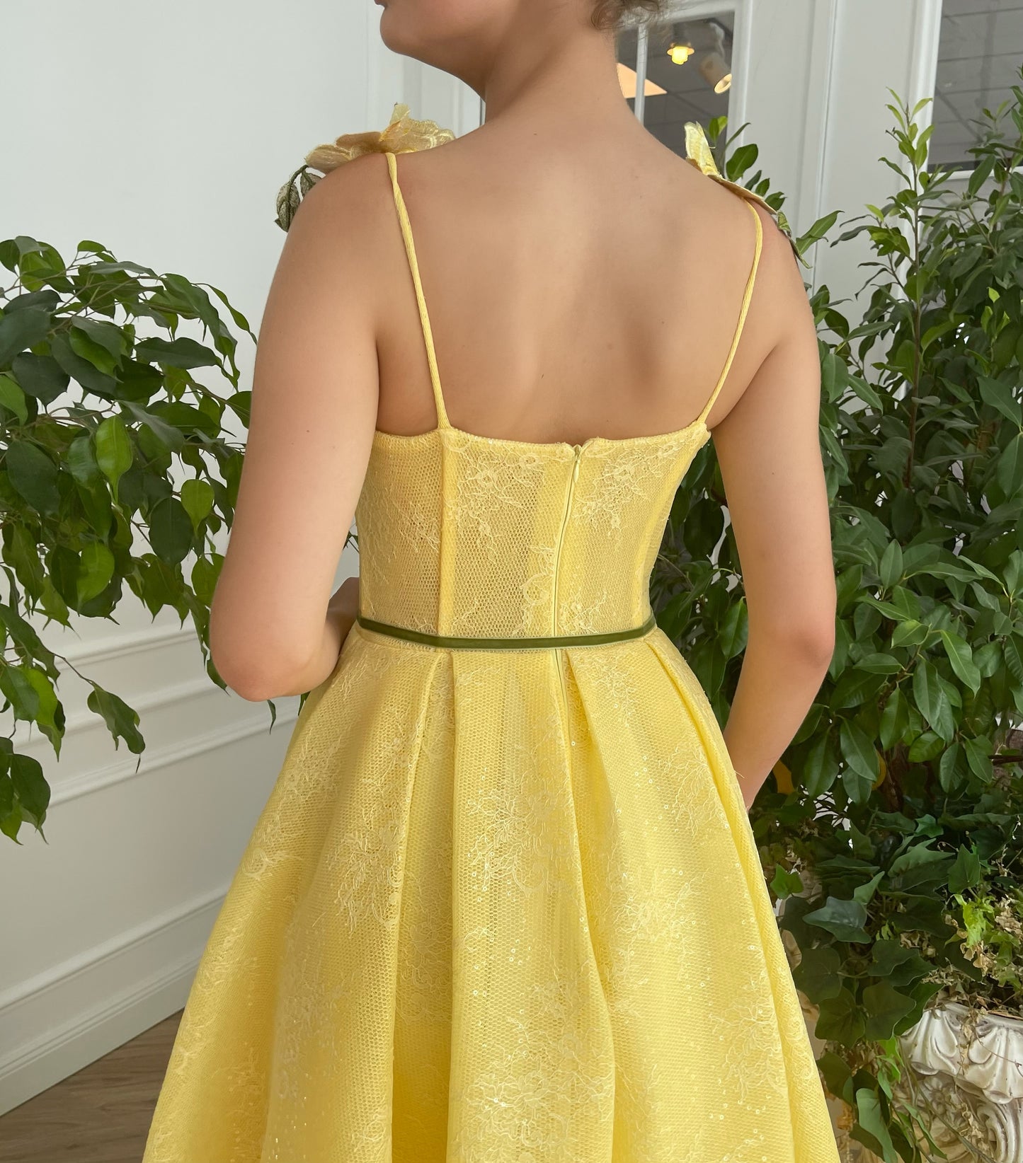 Yellow A-Line dress with embroidery and spaghetti straps