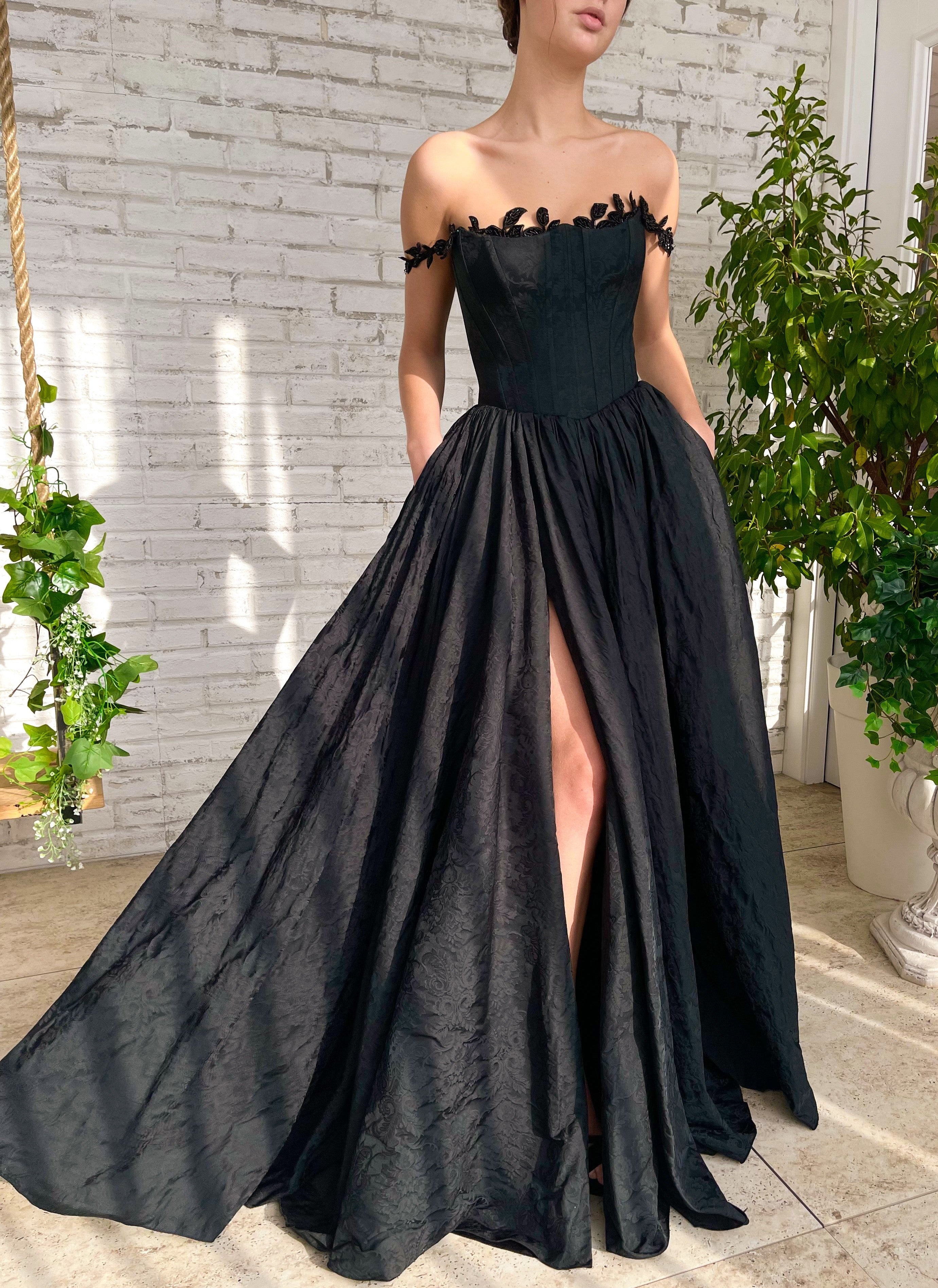 Black A-Line dress with off the shoulder sleeves and embroidery