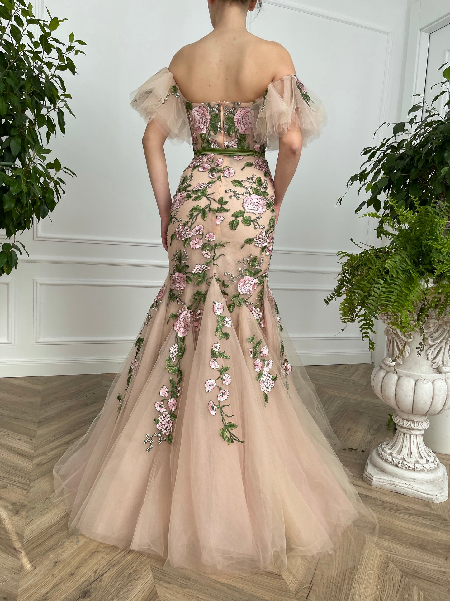 Beige mermaid dress with off the shoulder sleeves and printed flowers
