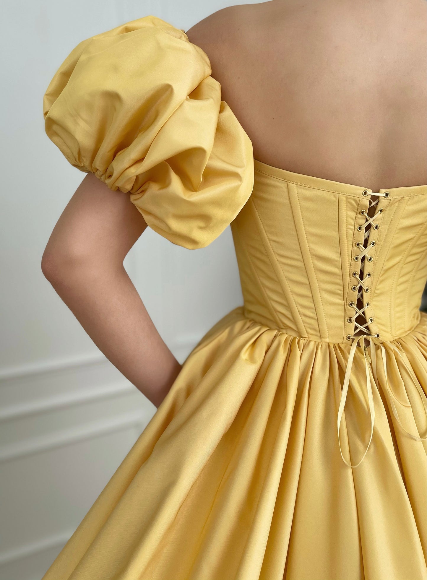 Yellow A-Line dress with off the shoulder sleeves