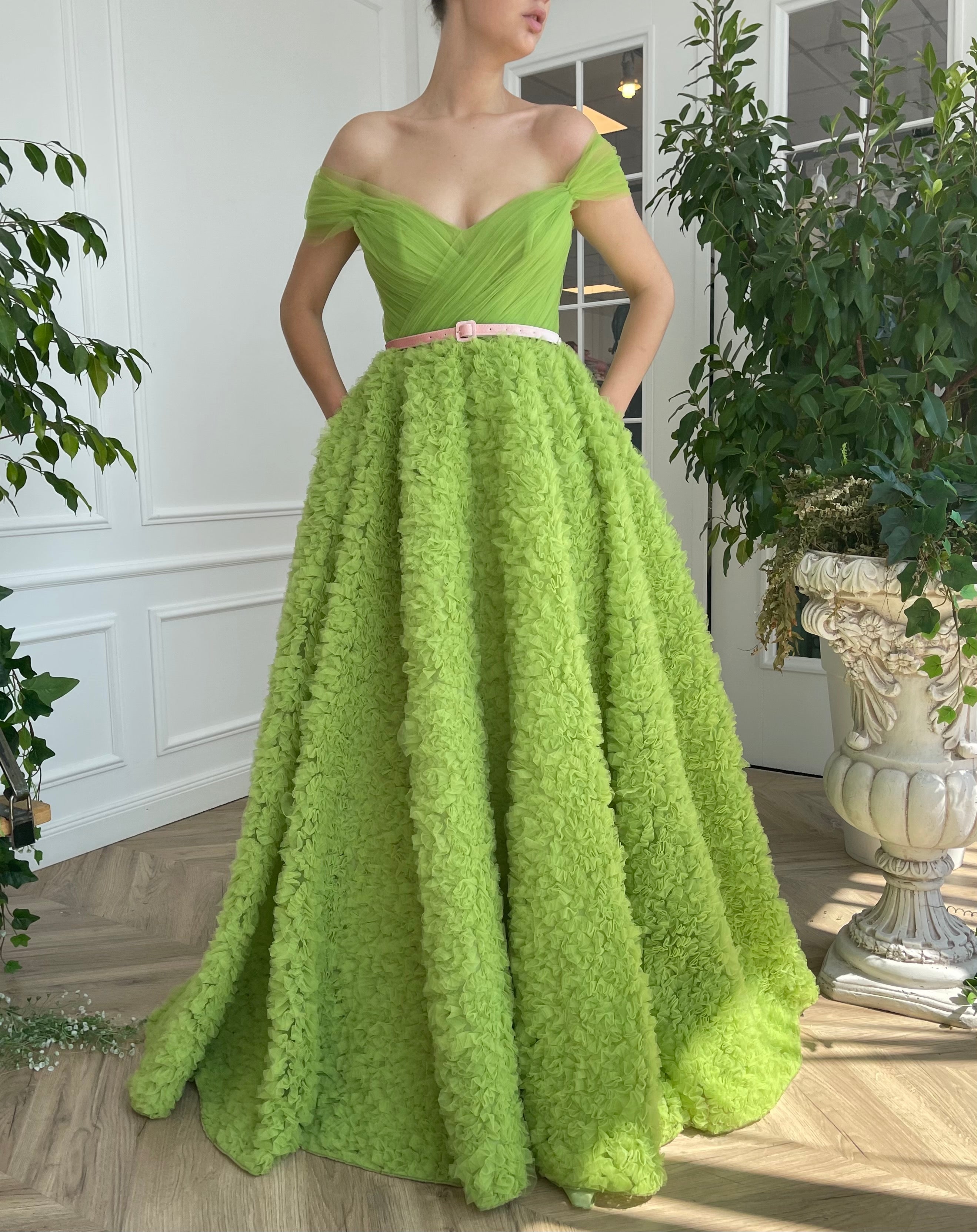 Green A-Line dress with off the shoulder sleeves and belt