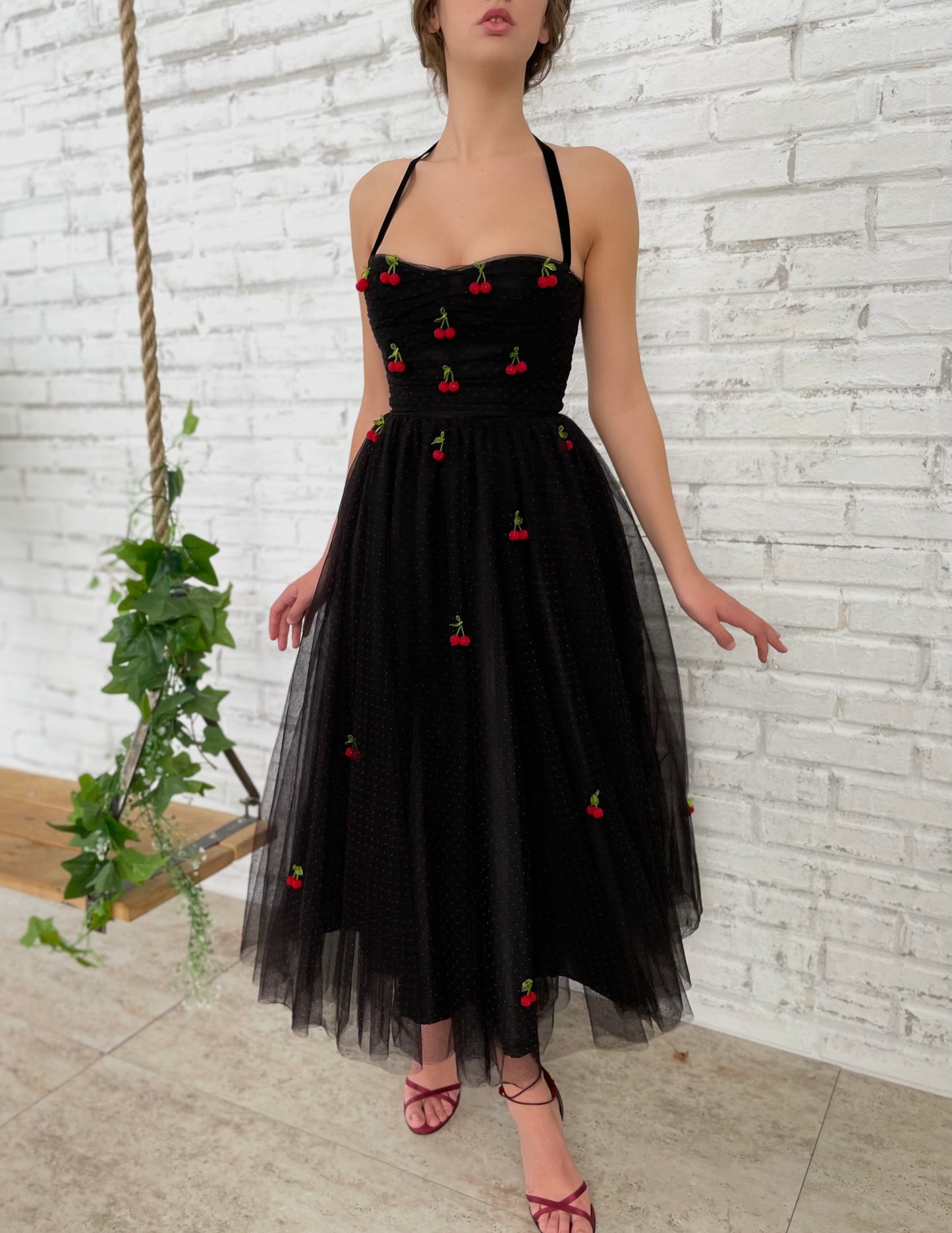 Black midi dress with spaghetti straps and embroidered cherries