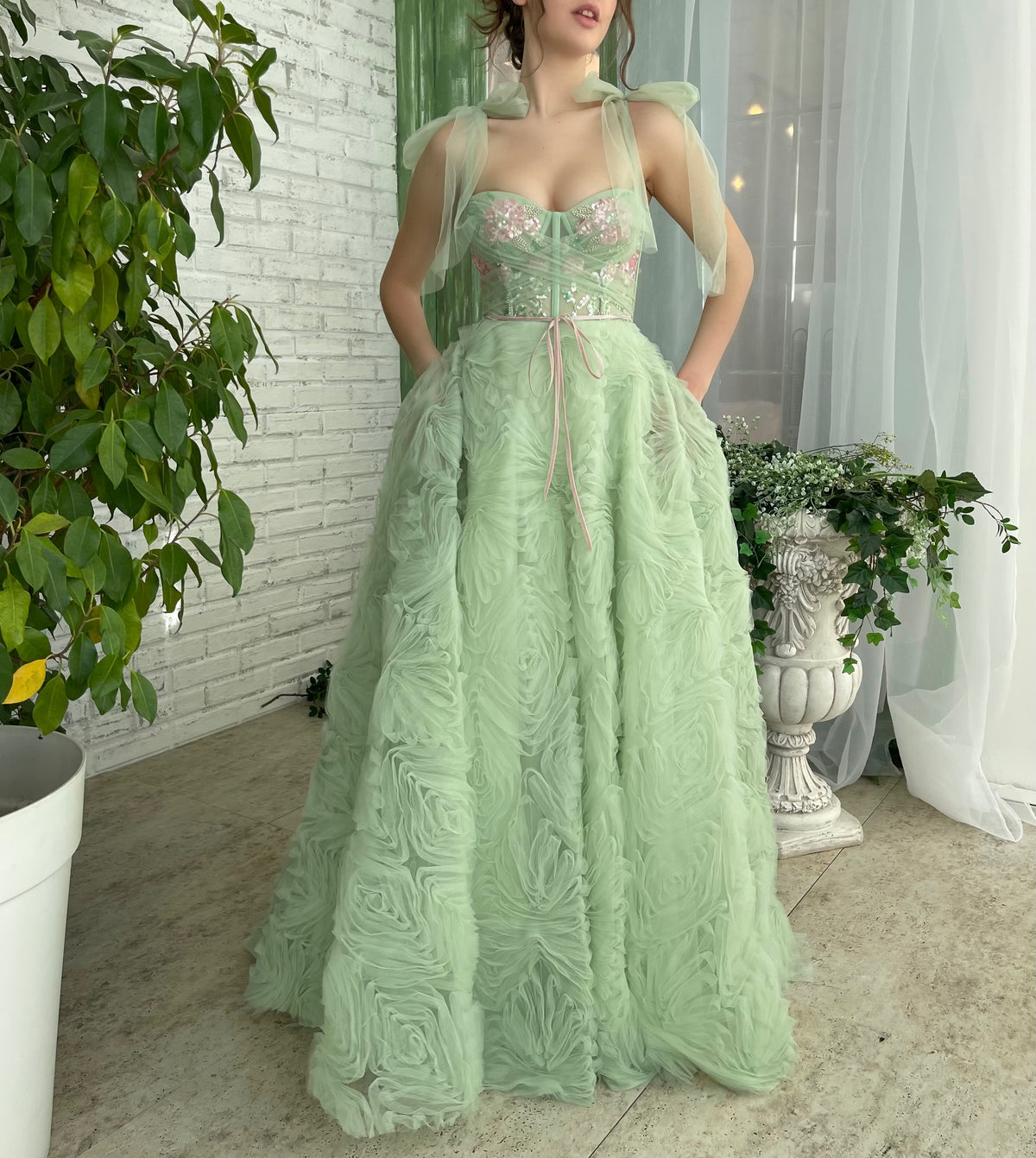 Green A-Line dress with bow straps and embroidery
