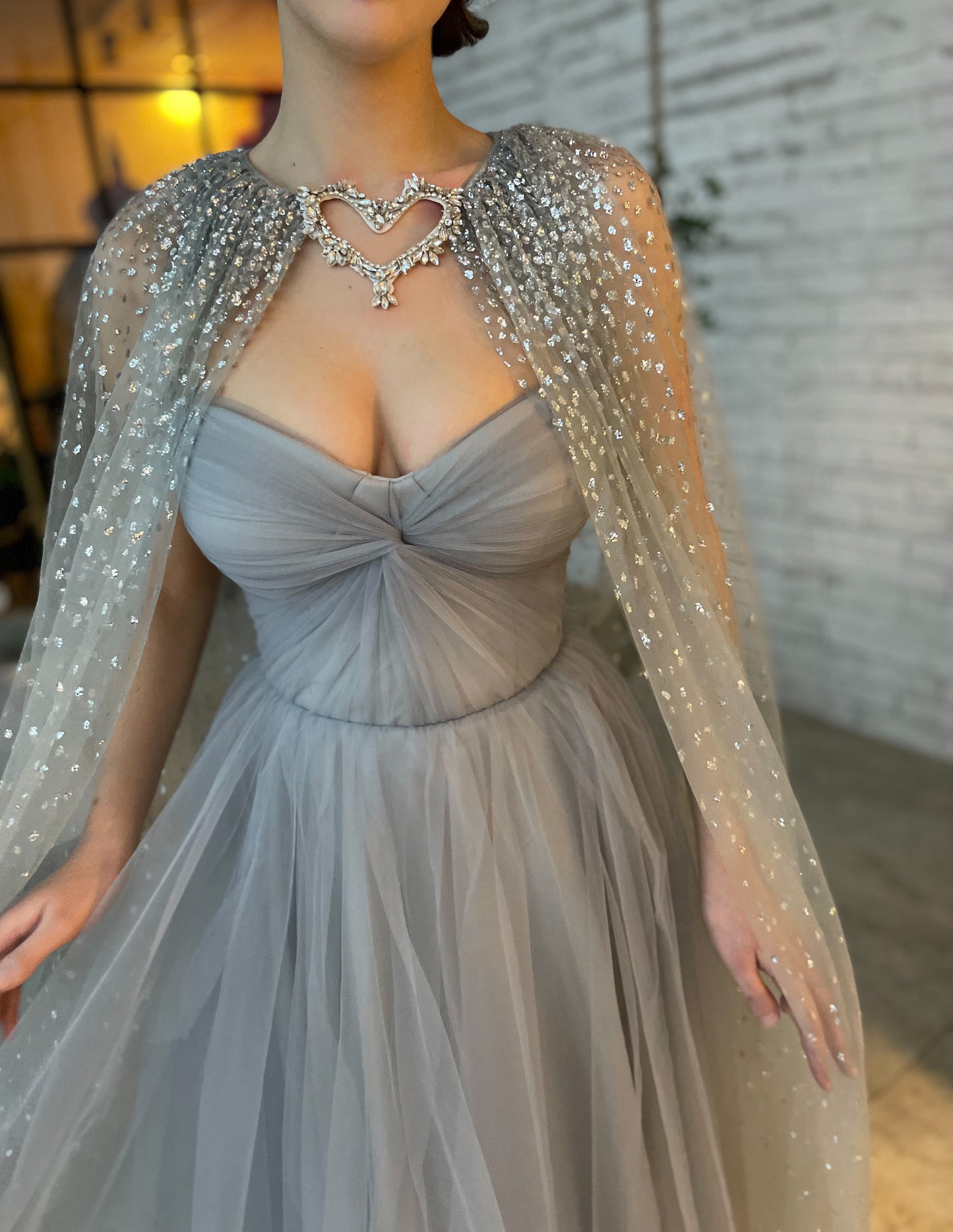 Grey midi dress with cape and belt