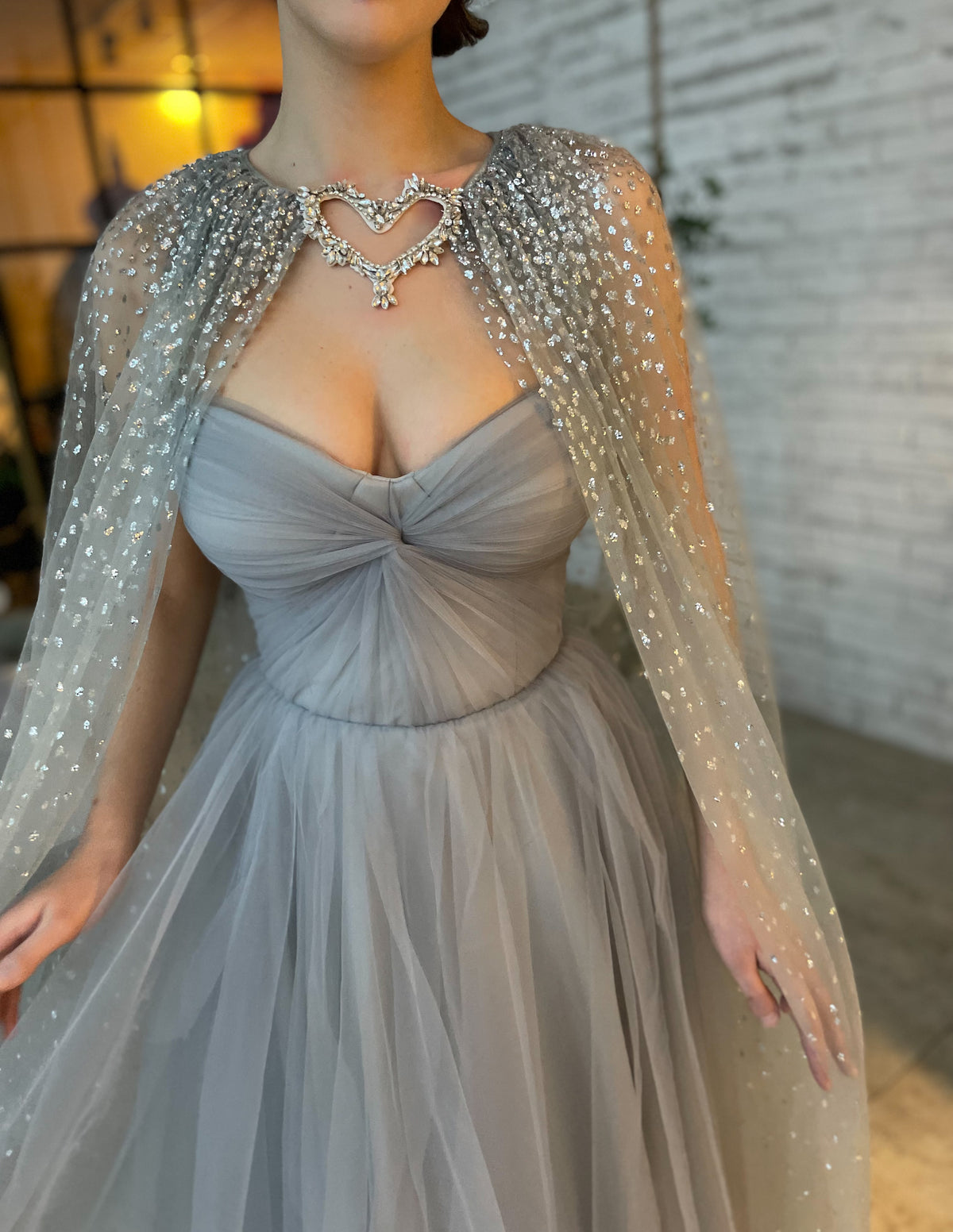 Grey midi dress with cape and belt