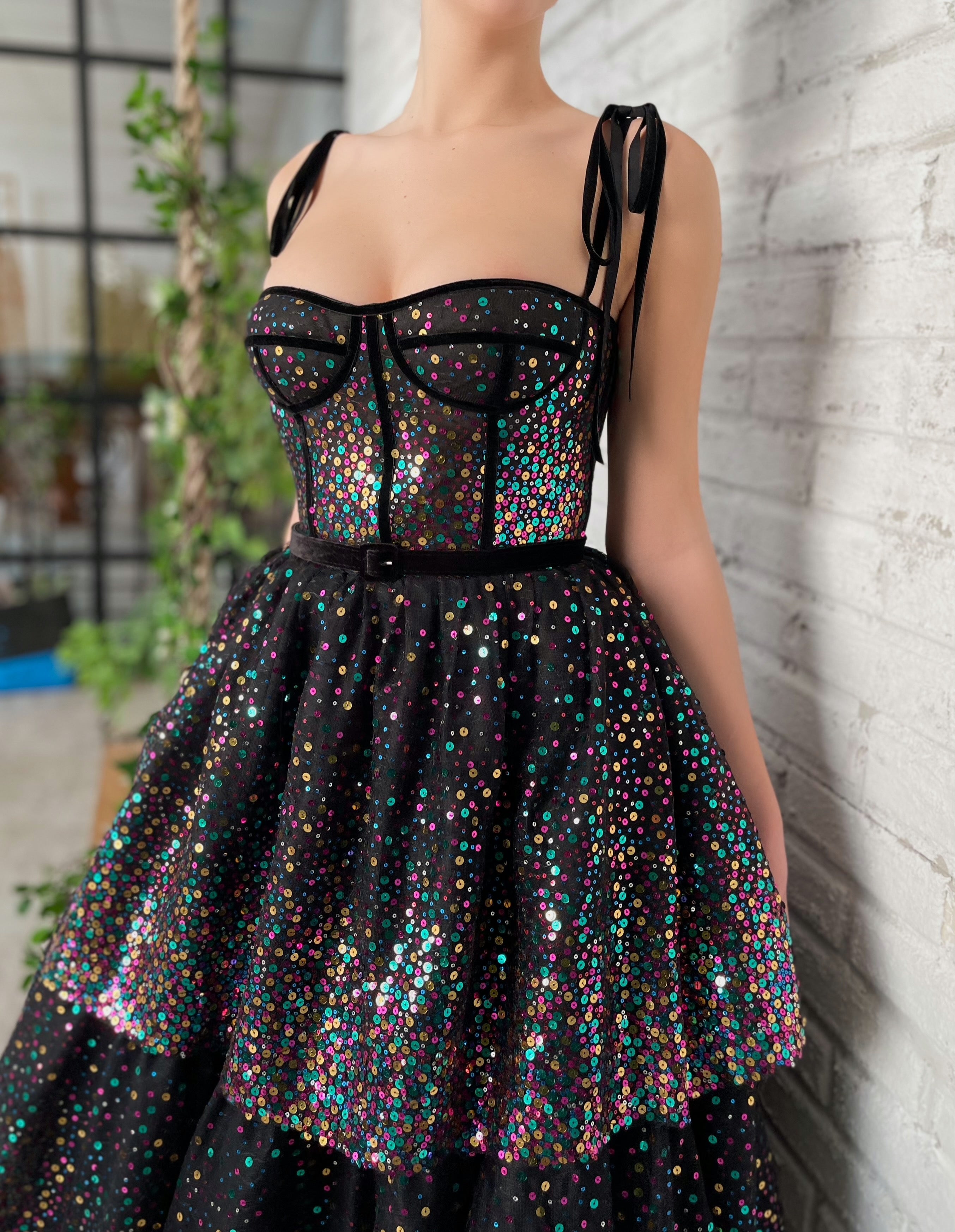 Black midi dress with sequins and spaghetti straps