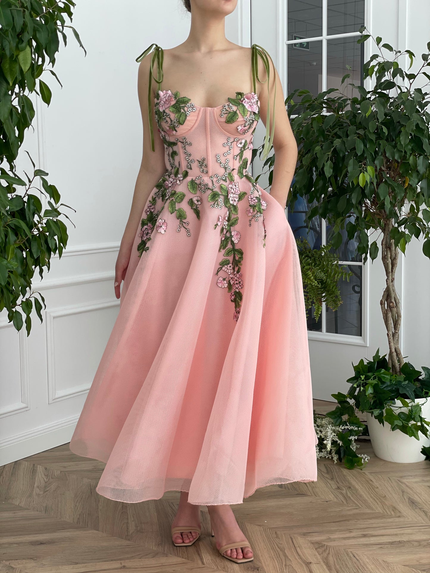 Pink midi dress with embroidery and spaghetti straps