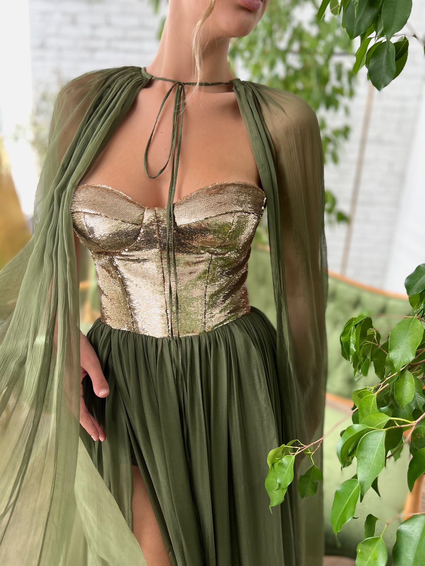Green A-Line dress with cape and no sleeves