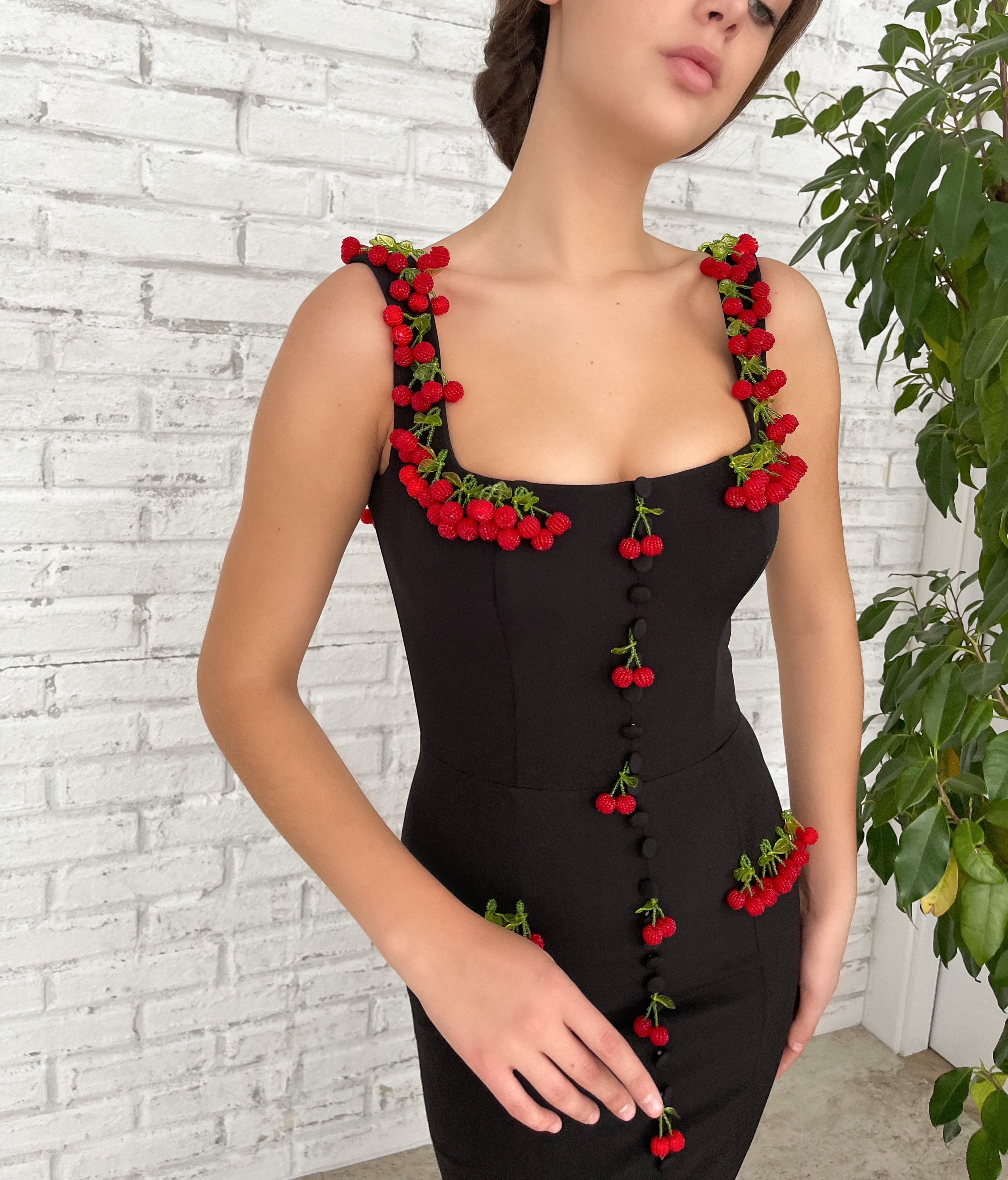 Black mermaid dress with straps and embroidered cherries
