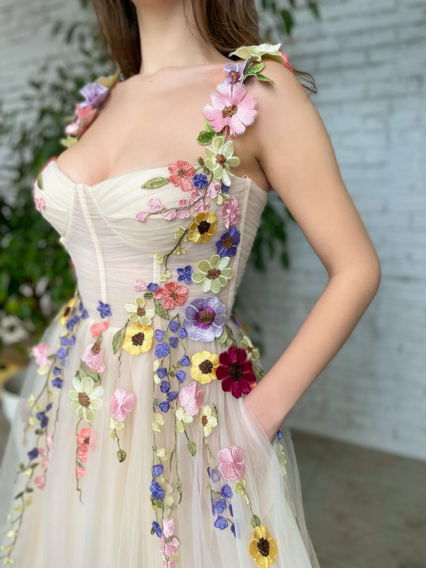 Beige midi dress with spaghetti straps, embroidery and flowers