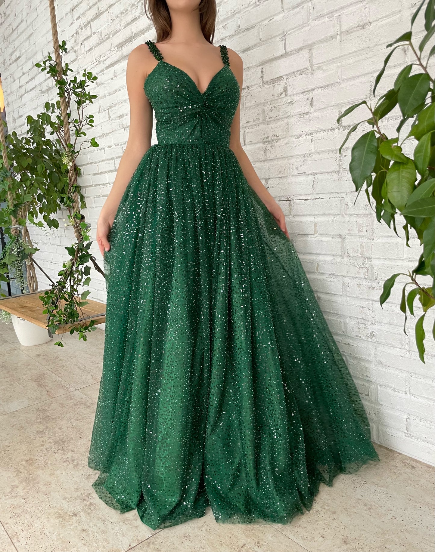 Green A-Line dress with spaghetti straps and embroidery