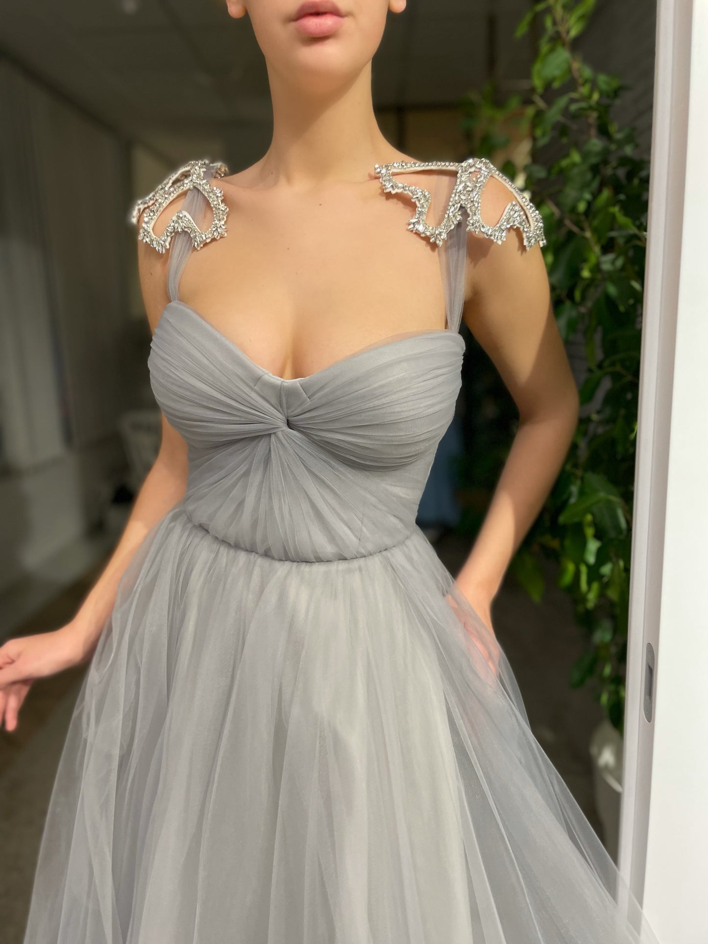 Grey midi dress with straps and embroidery