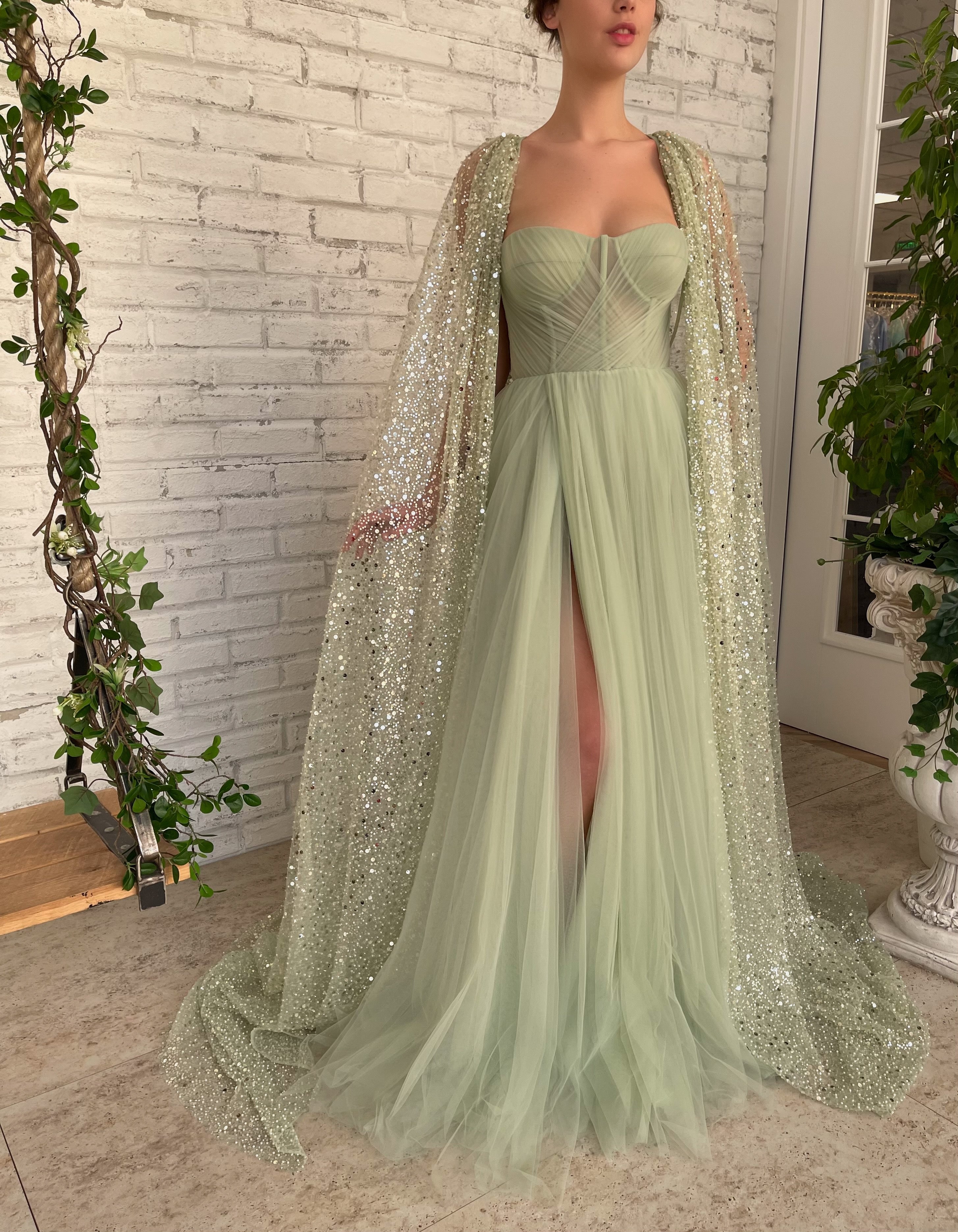 Green A-Line dress with cape sleeves