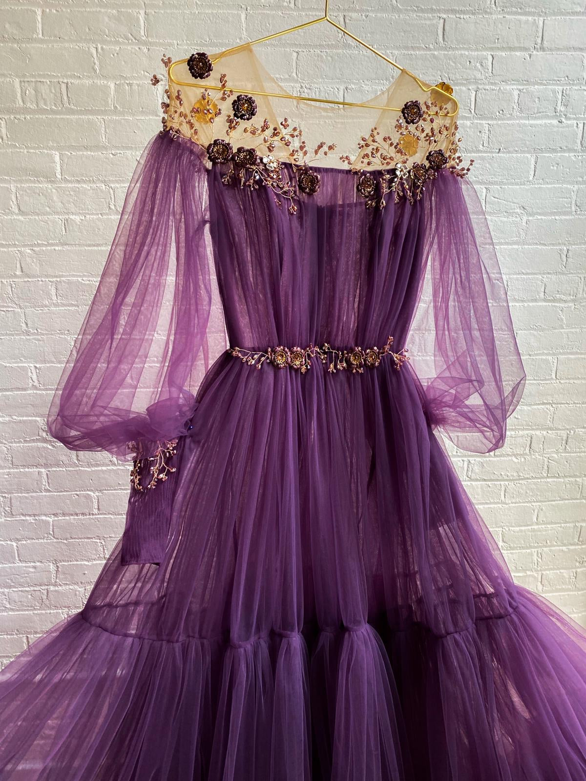 Purple A-Line dress with long off the shoulder sleeves and embroidery