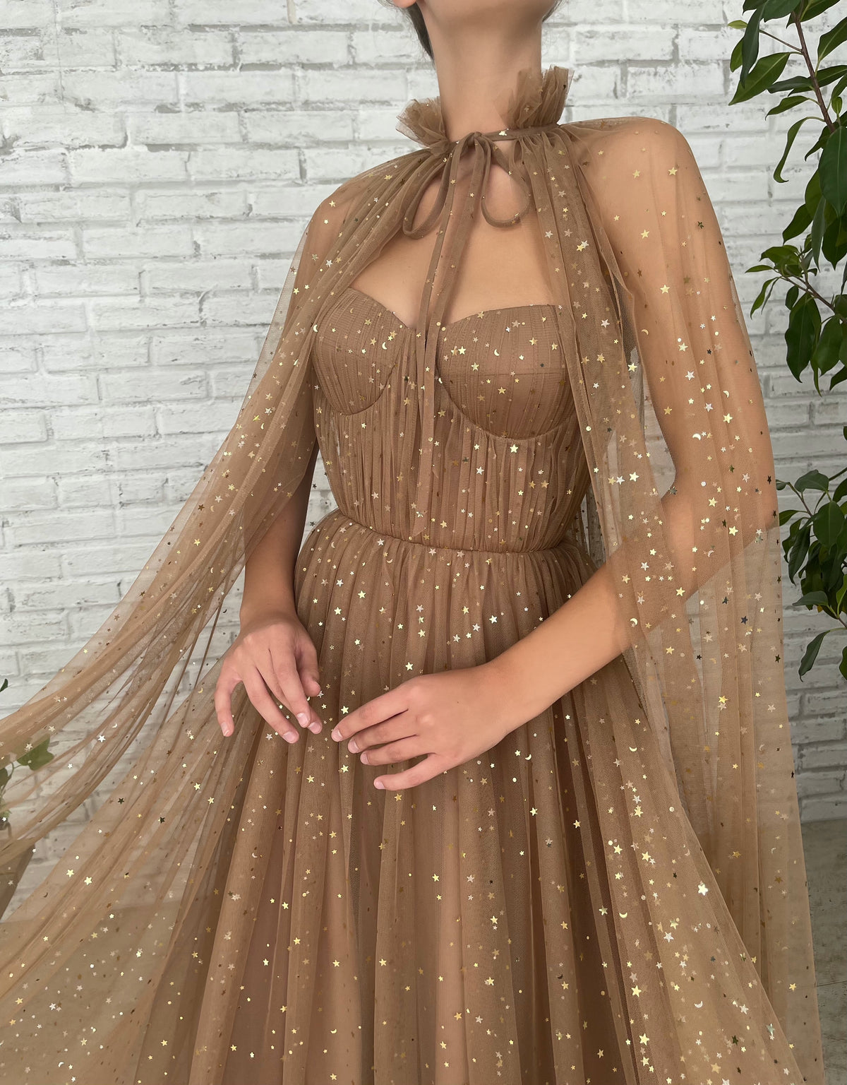 Brown A-Line dress with cape and starry fabric