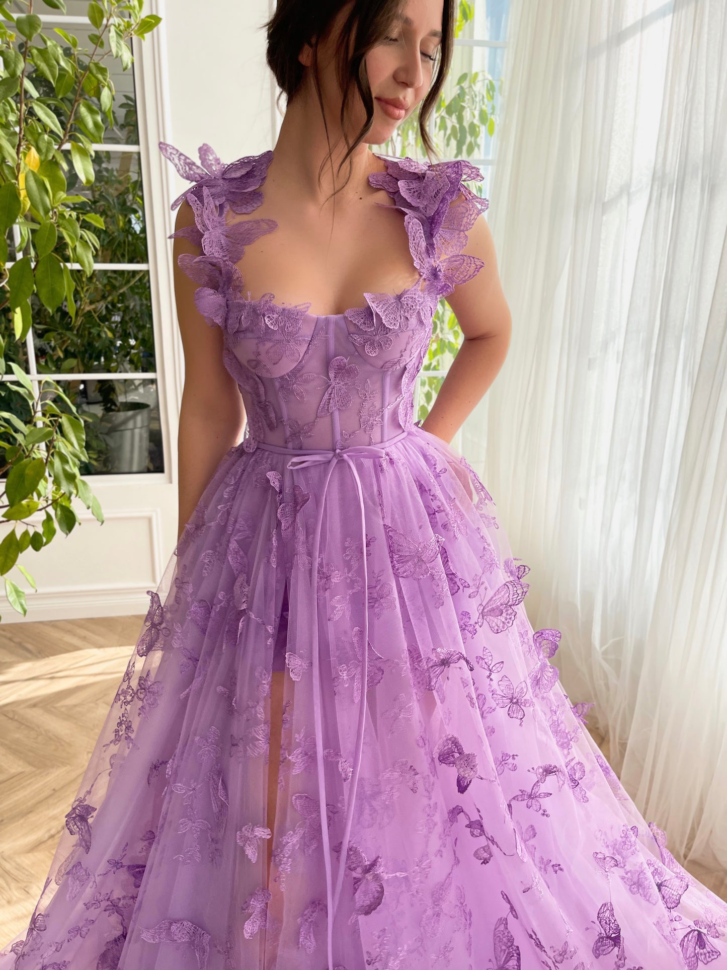 Purple A-Line dress with straps and embroidered butterflies