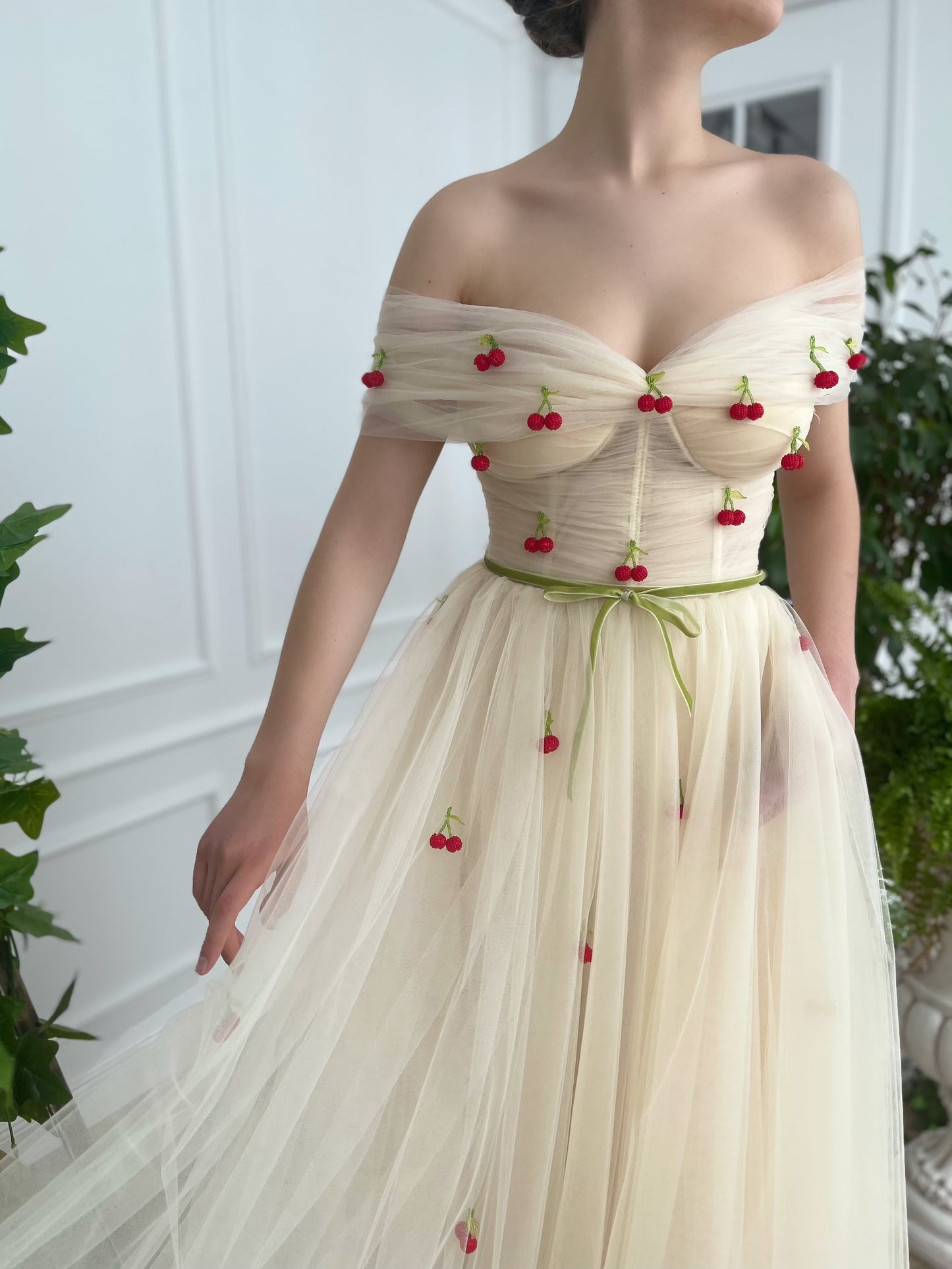 Midi beige bridal dress with embroidered cherries and off the shoulder sleeves