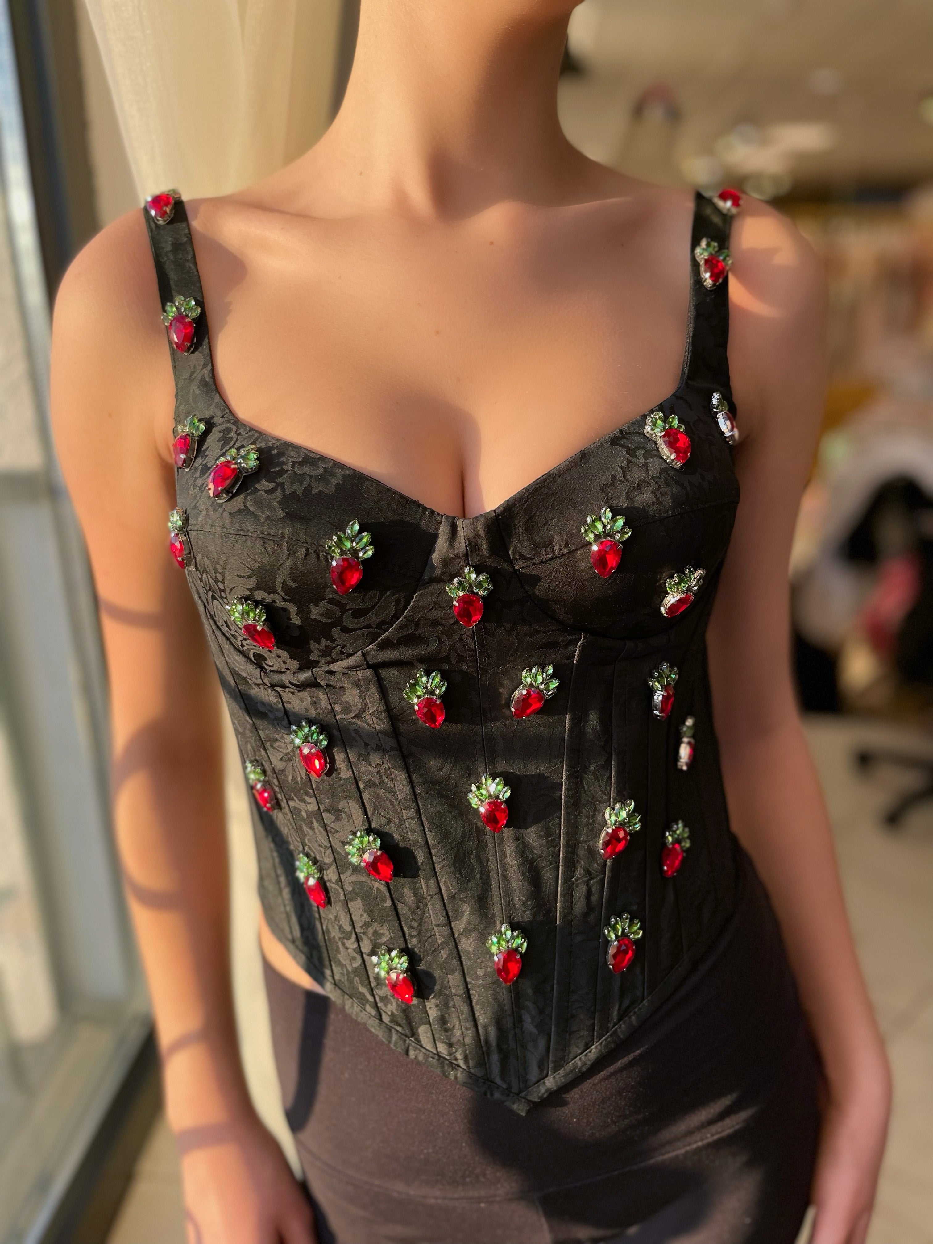 Black corset with straps and embroidery