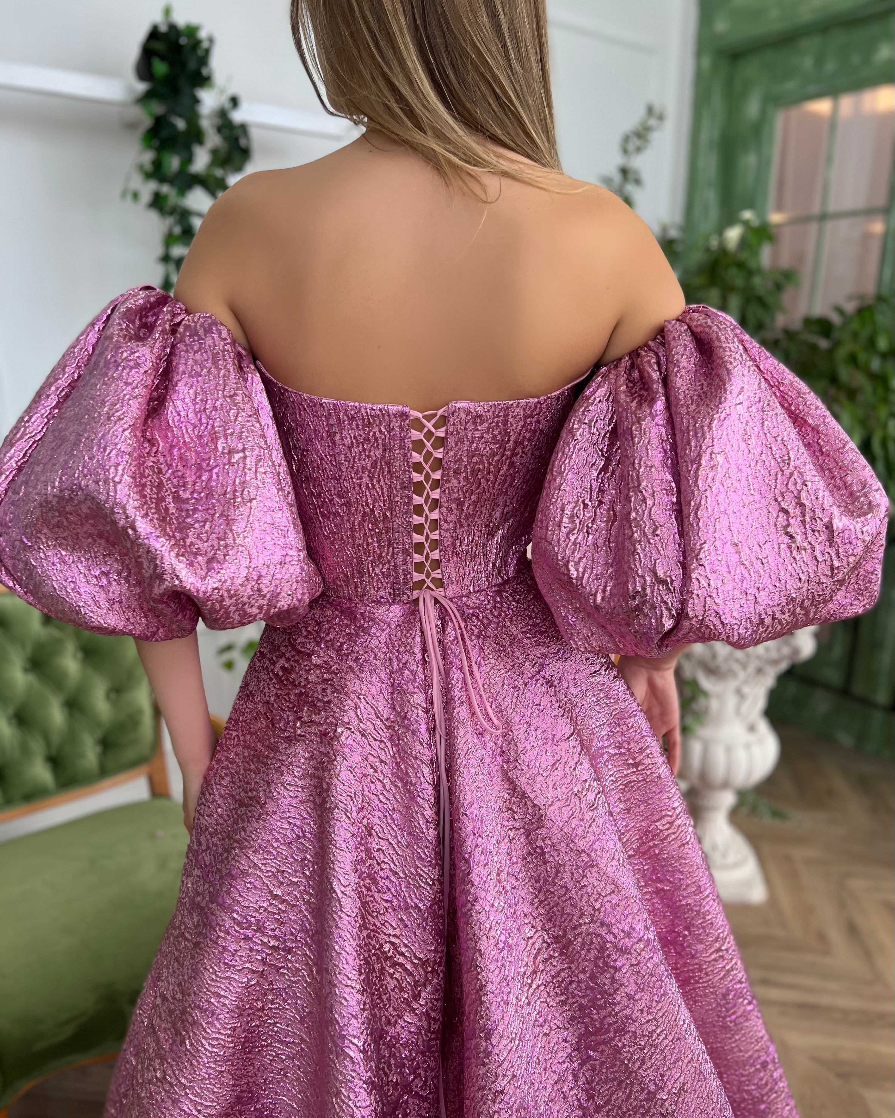 Pink A-Line dress with off the shoulder sleeves, embroidery and taffeta brocade fabric