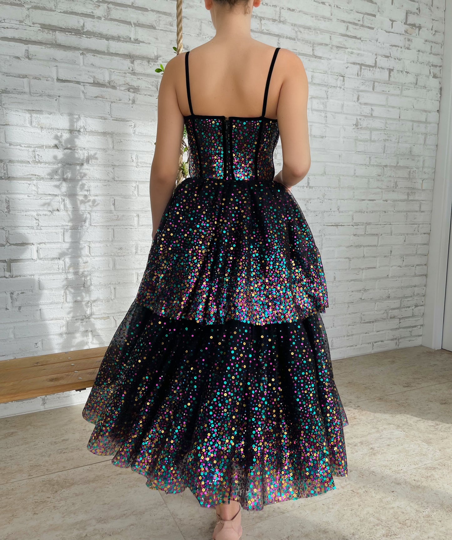 Black midi dress with sequins and spaghetti straps