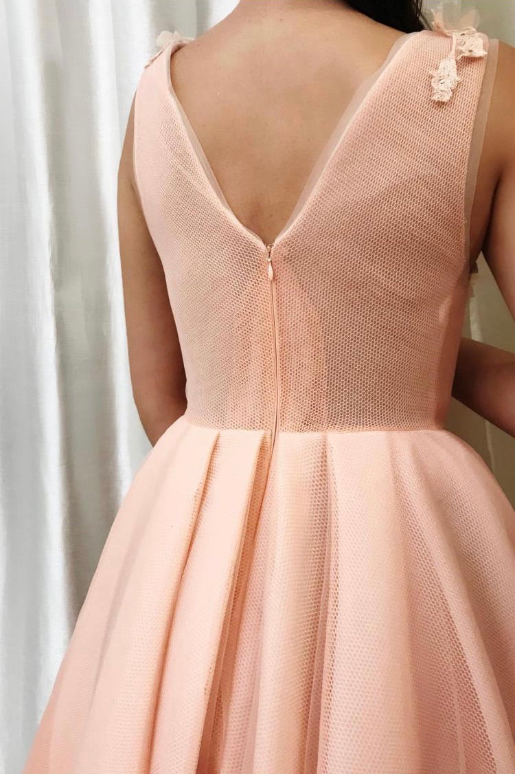 Pink A-Line dress with v-neck, no sleeves and embroidery