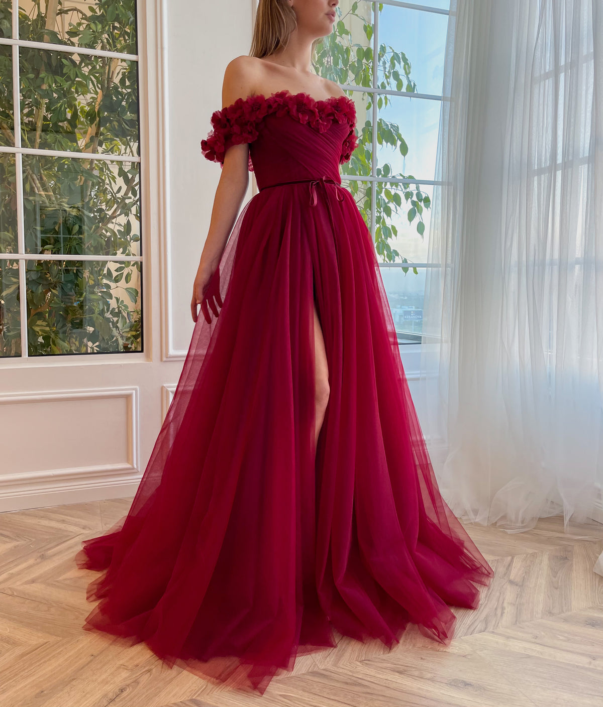 Red A-Line dress with embroidery, flowers and off the shoulder sleeves