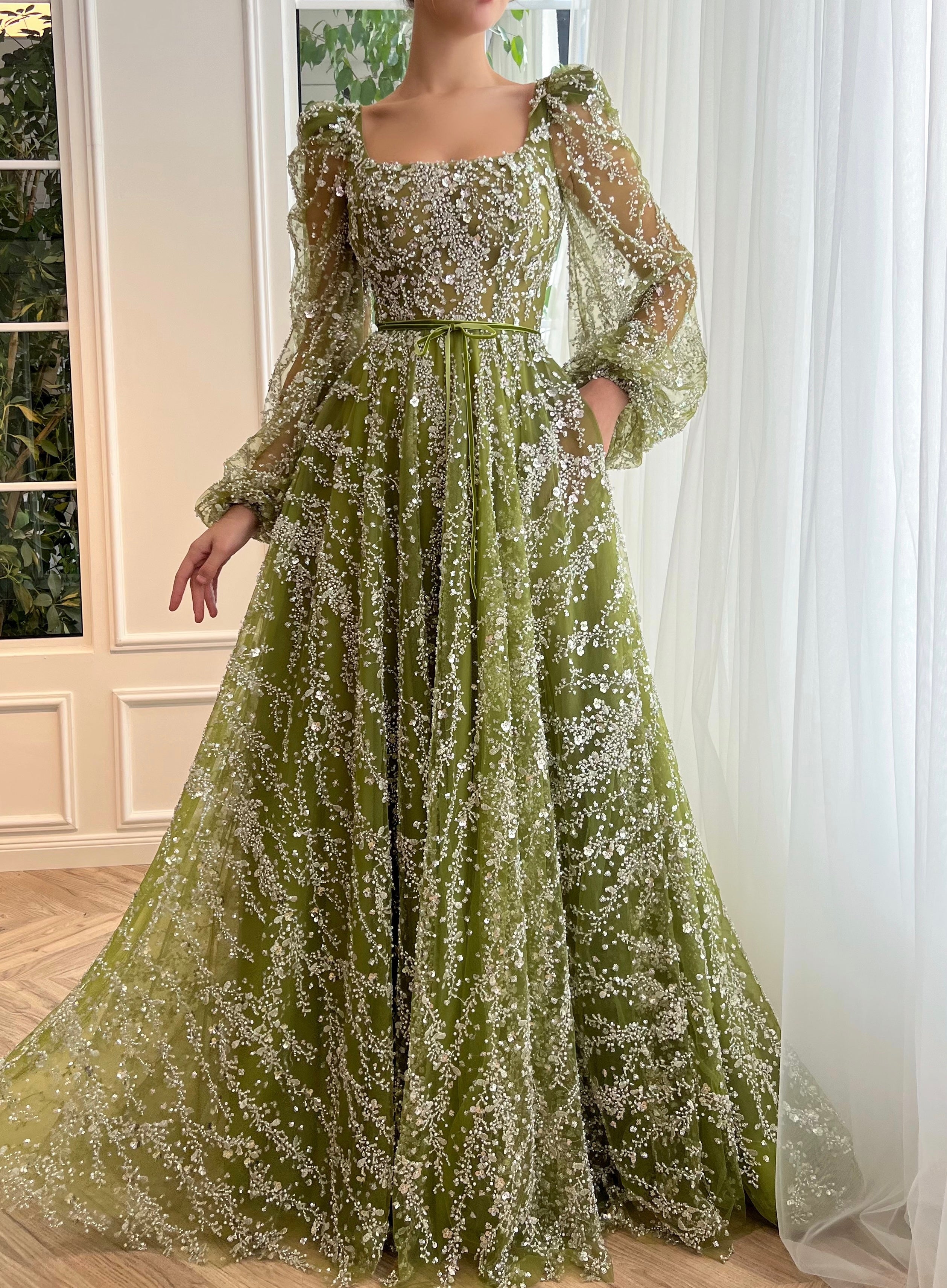 ever green dress Off-the-Shoulder A-line 3D Floral Embroidered Dress in Evergreen (Green)