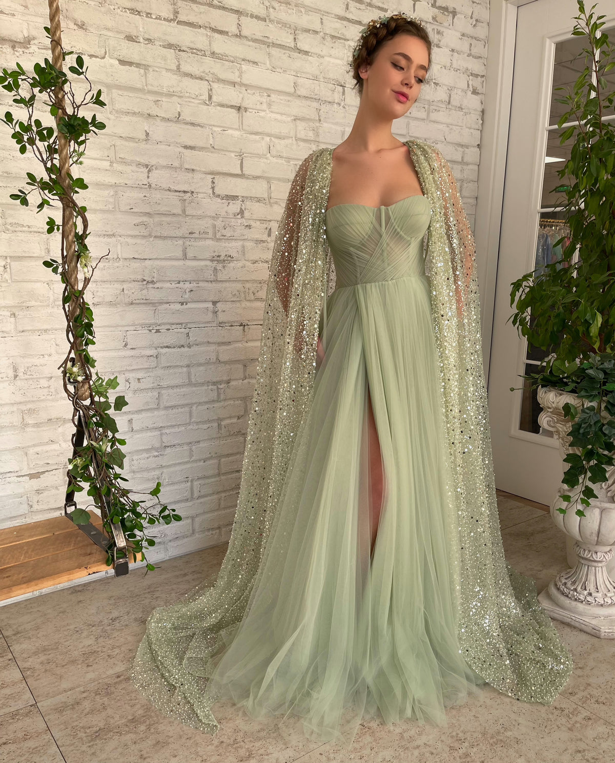 Green A-Line dress with cape sleeves