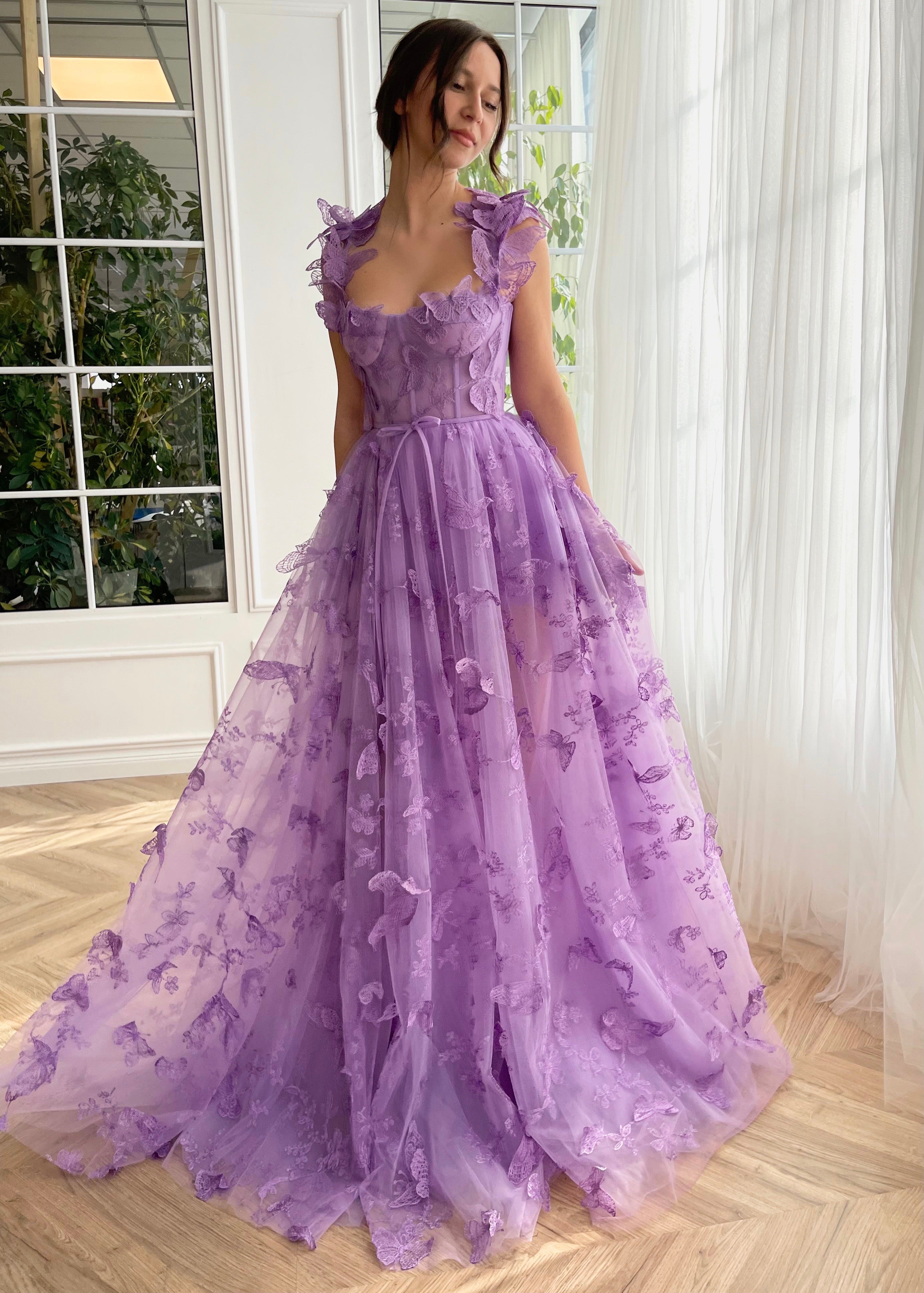 Purple A-Line dress with straps and embroidered butterflies
