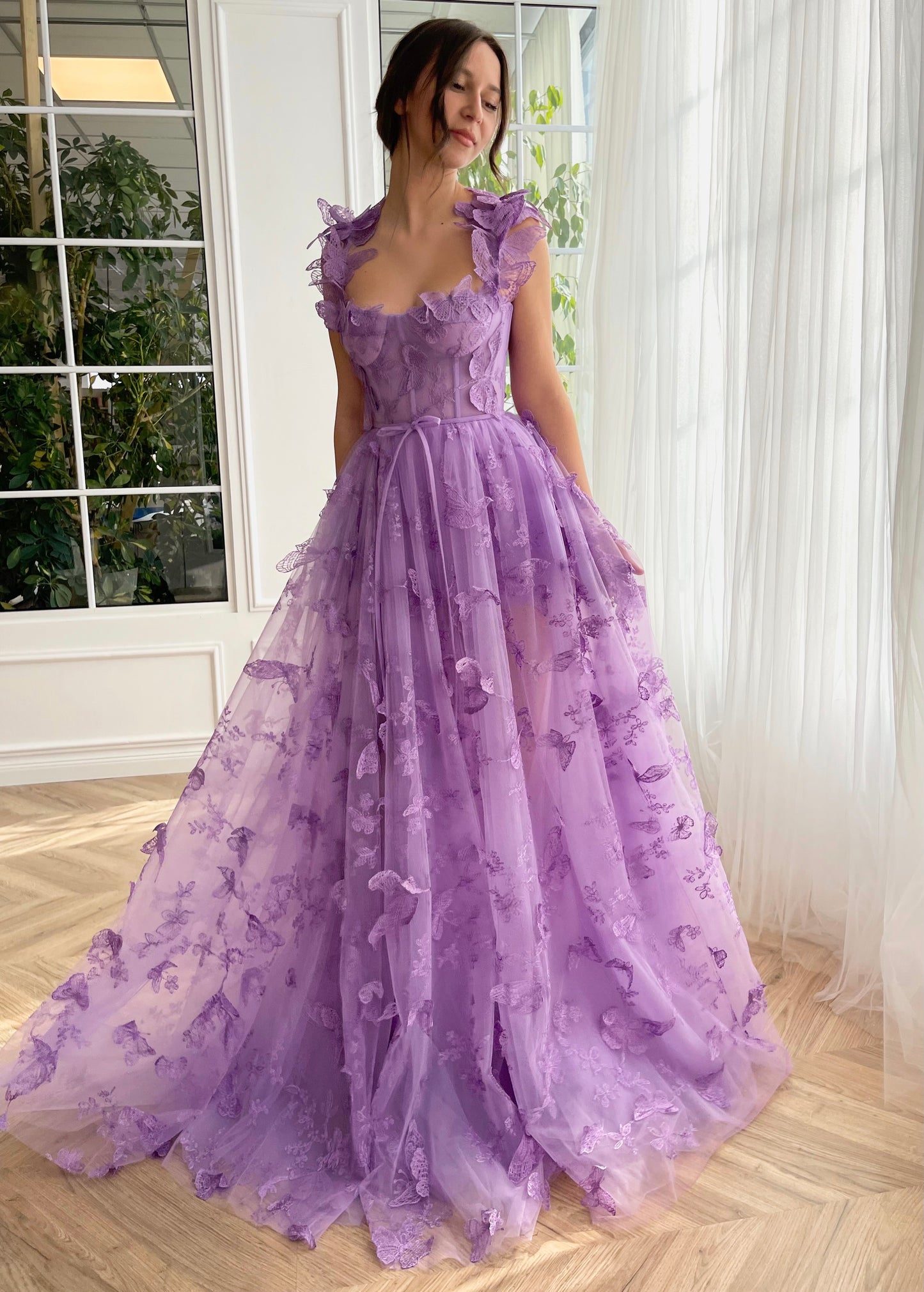 Purple A-Line dress with straps and embroidered butterflies