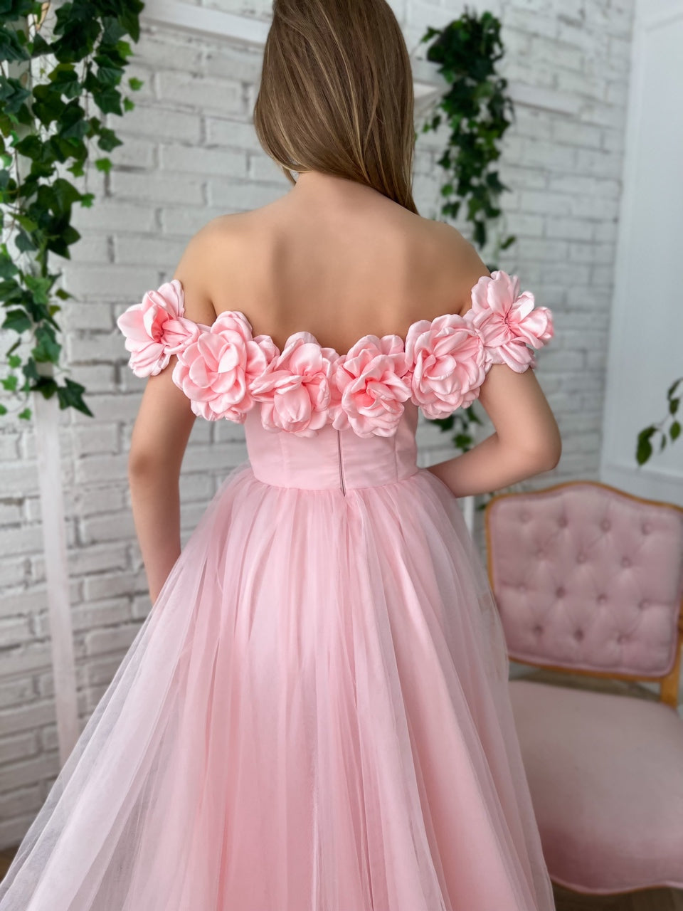 Pink A-Line dress with off the shoulder sleeves, embroidery and flowers