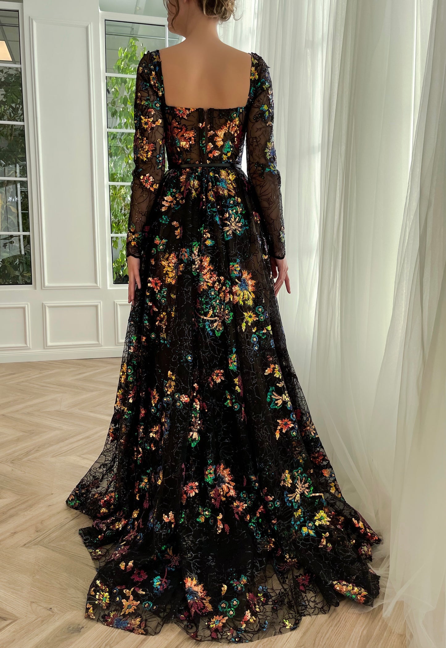Black A-Line dress with flowers, embroidery, belt and long sleeves