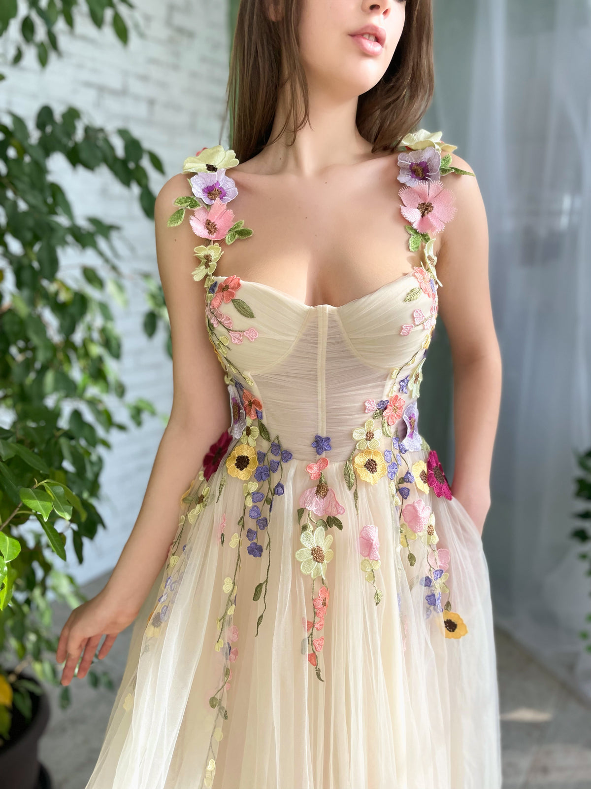 Beige midi dress with spaghetti straps, embroidery and flowers