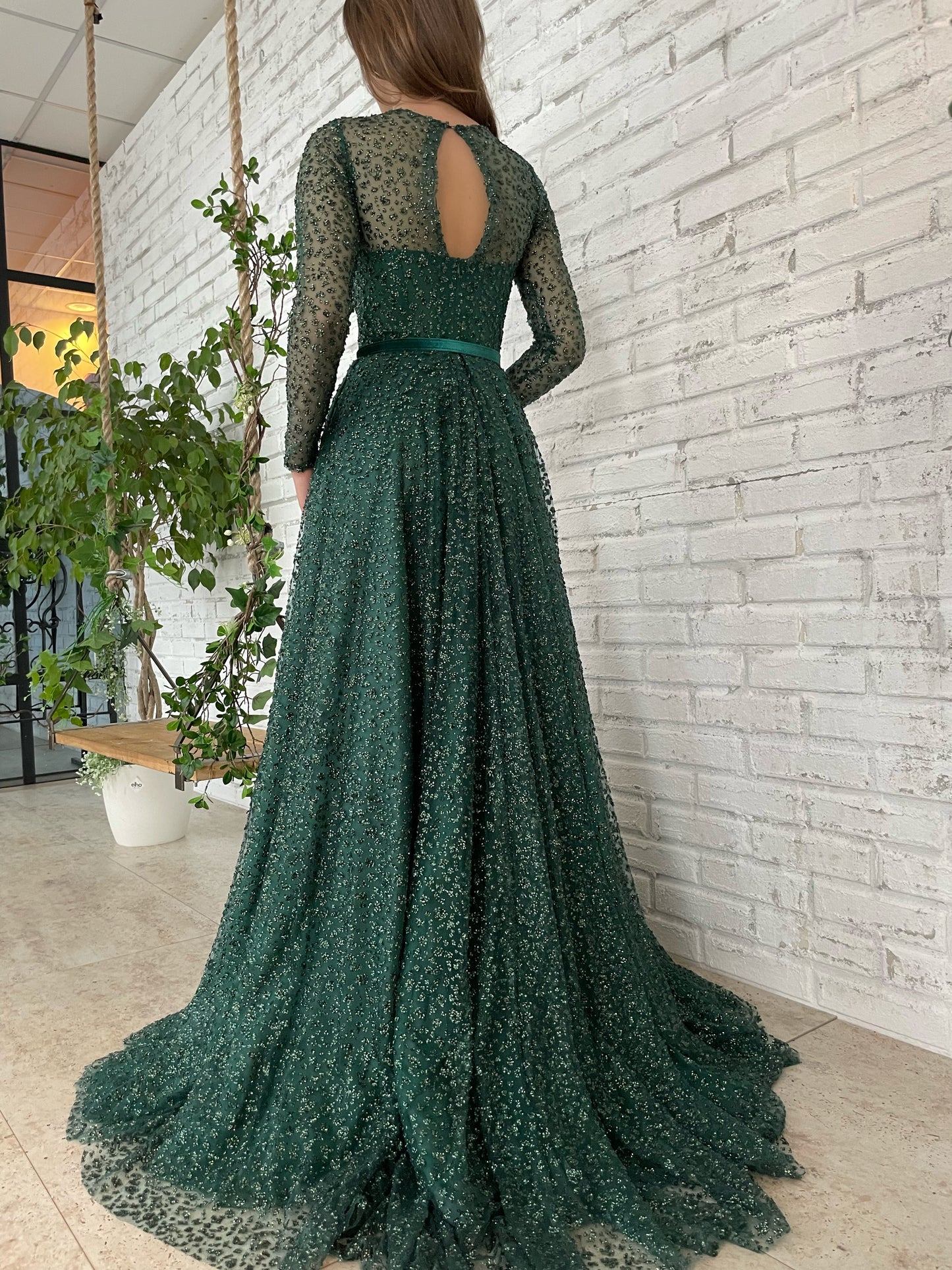 Green A-Line dress with belt and long sleeves