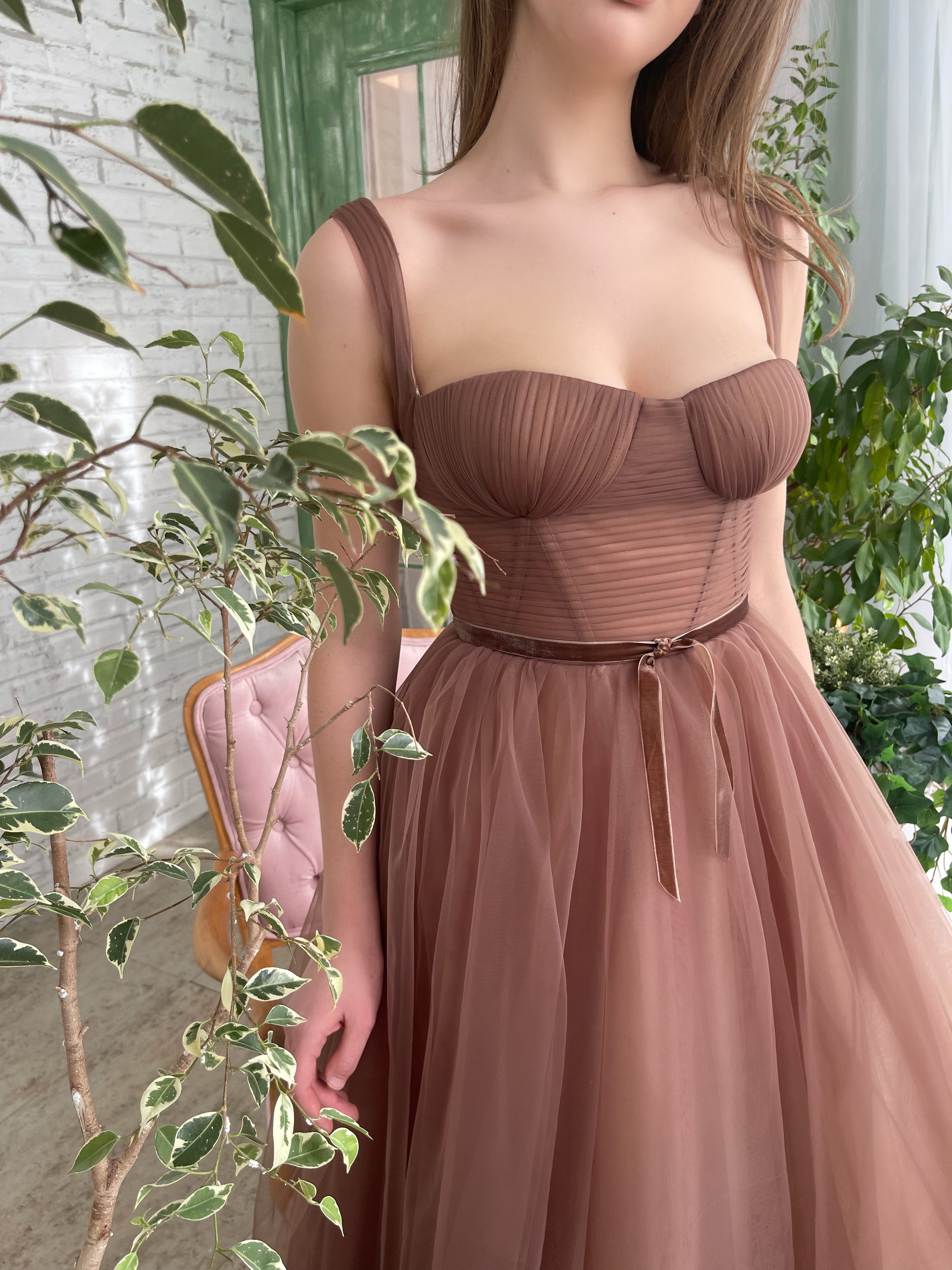 Brown midi dress with spaghetti straps