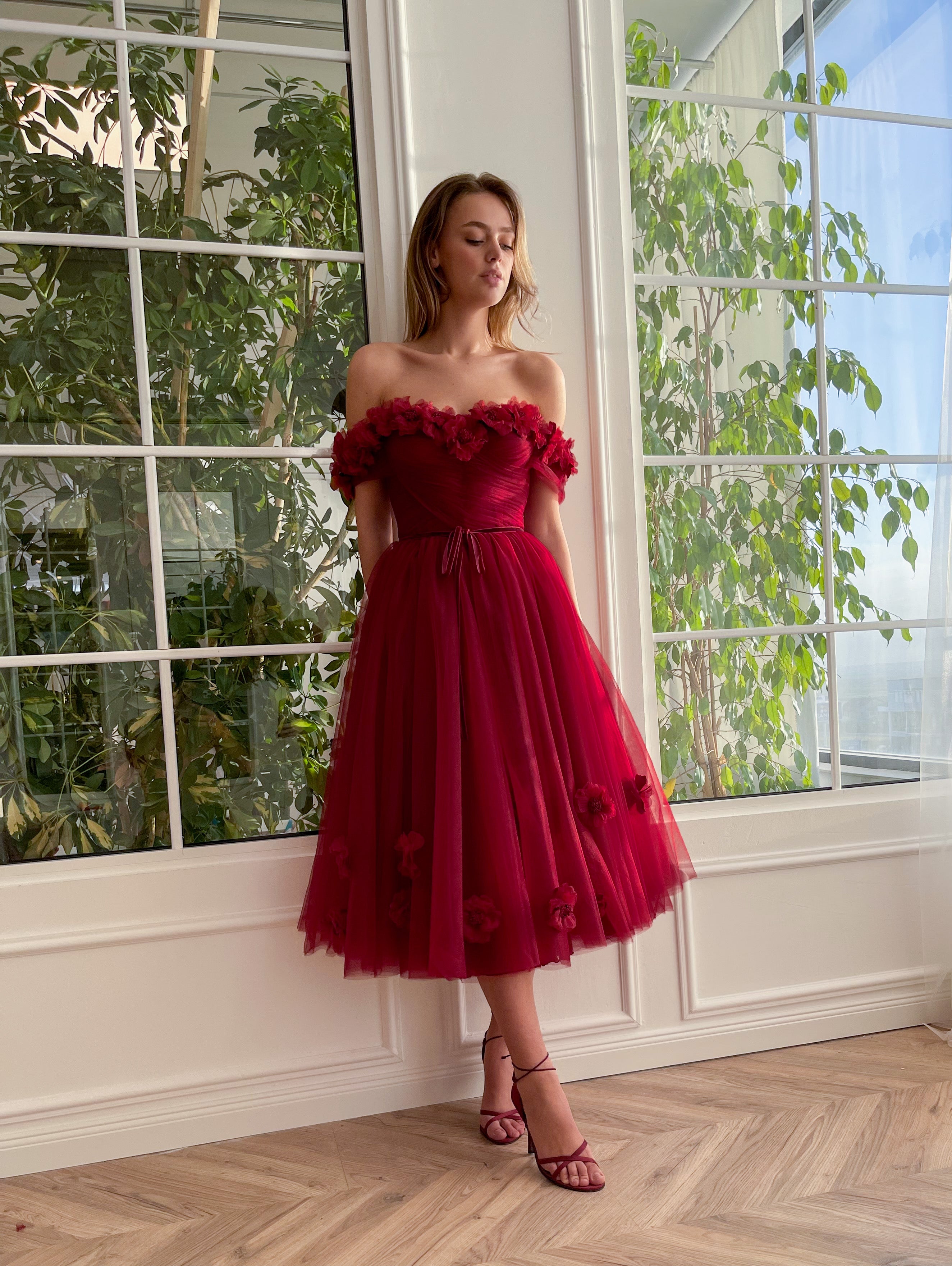 Red midi dress with embroidery, flowers and off the shoulder sleeves