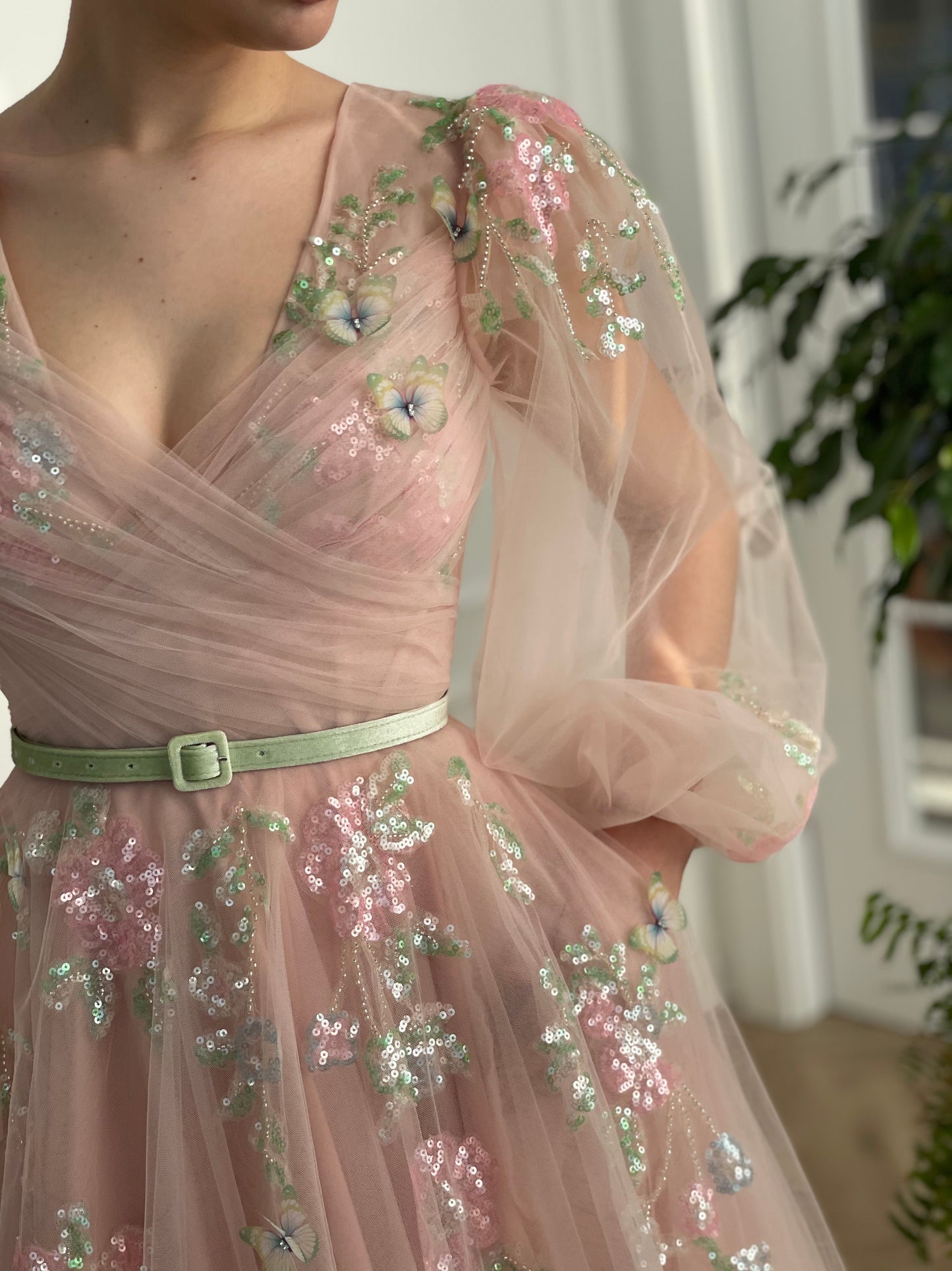 Pink A-Line dress with long sleeves and embroidery