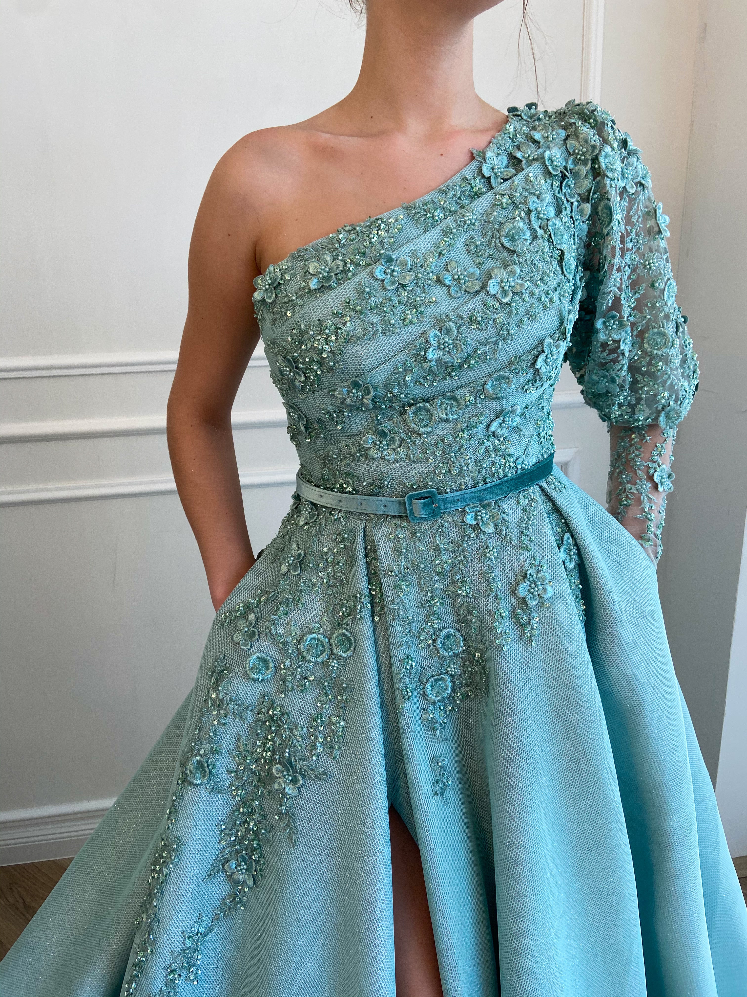 Blue A-Line dress with one shoulder sleeve, belt and embroidery 