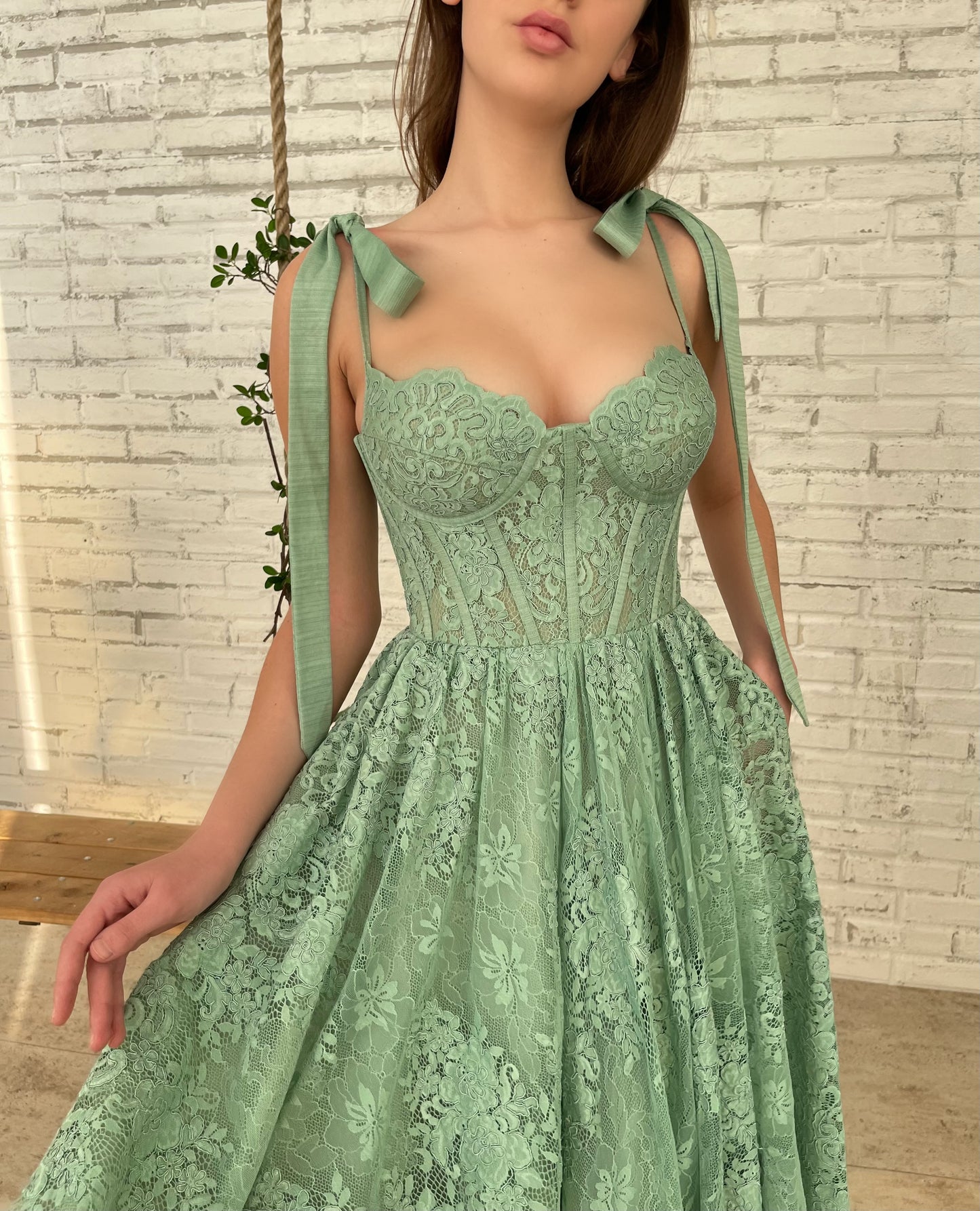 Green midi dress with bow straps