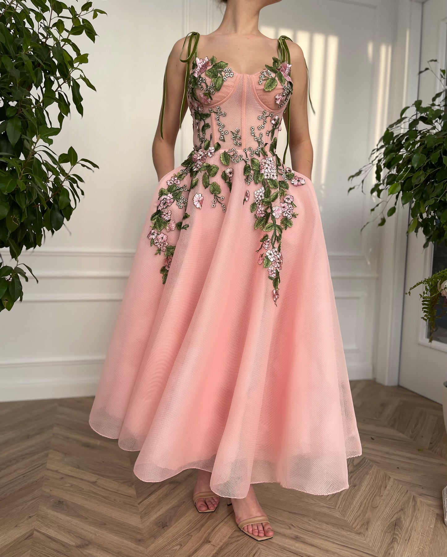 Pink midi dress with embroidery and spaghetti straps
