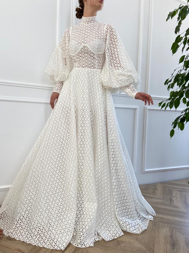 A Line white bridal dress with long sleeves