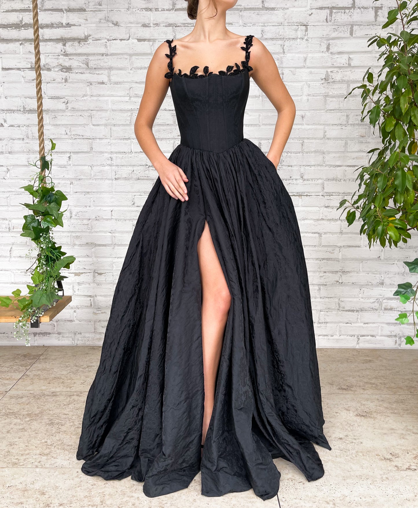 Black A-Line dress with off the shoulder sleeves and embroidery