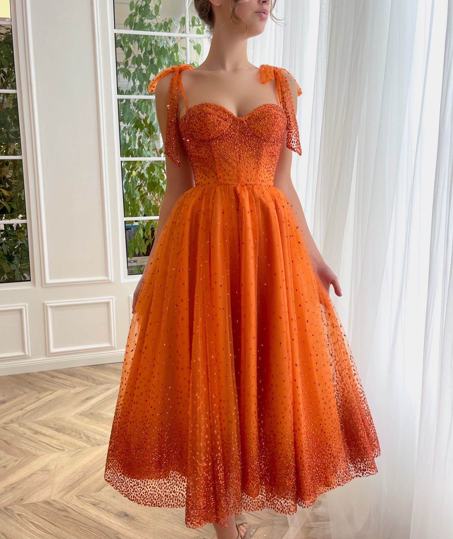 Orange midi dress with bow straps