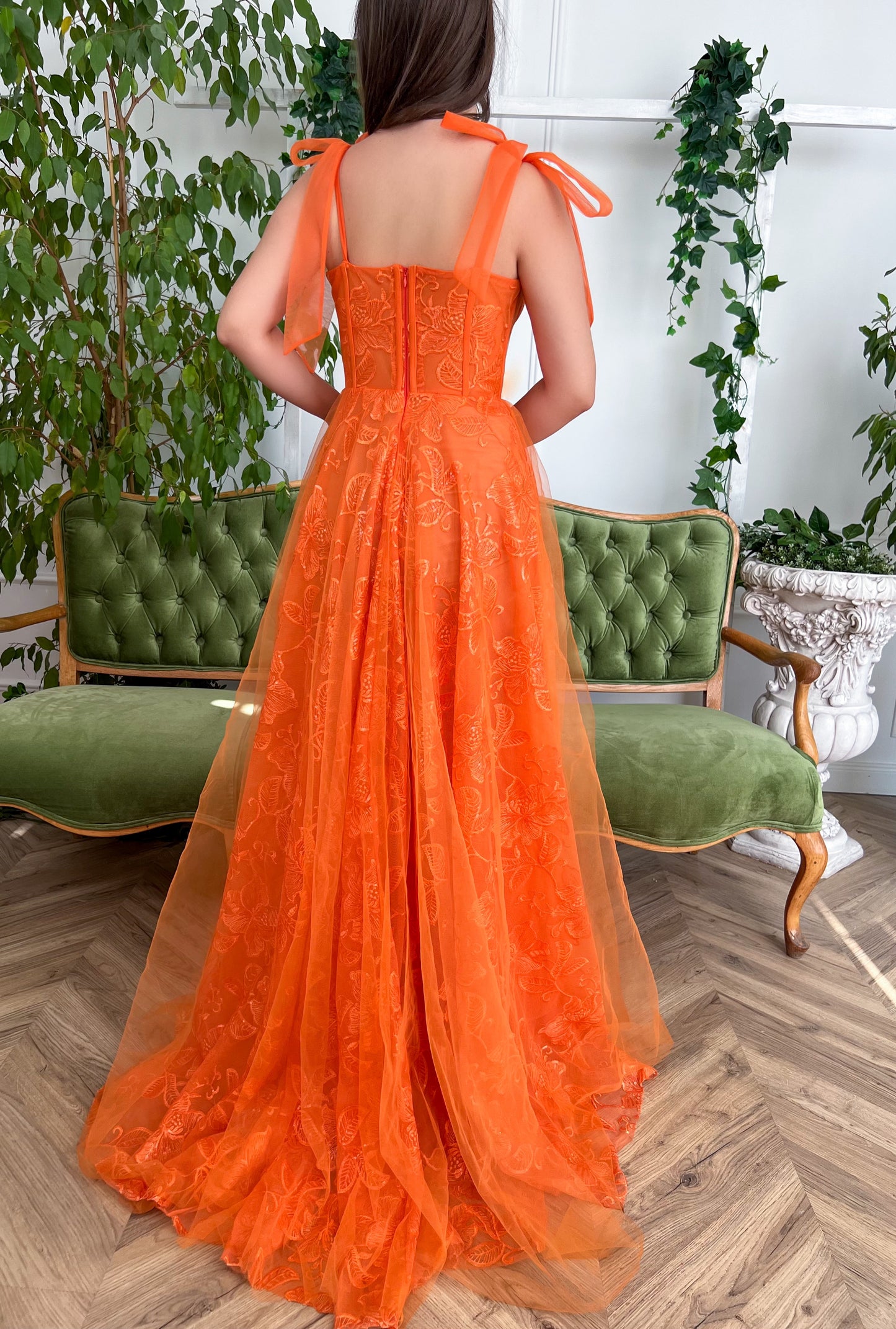 Orange A-Line dress with spaghetti straps, and embroidery