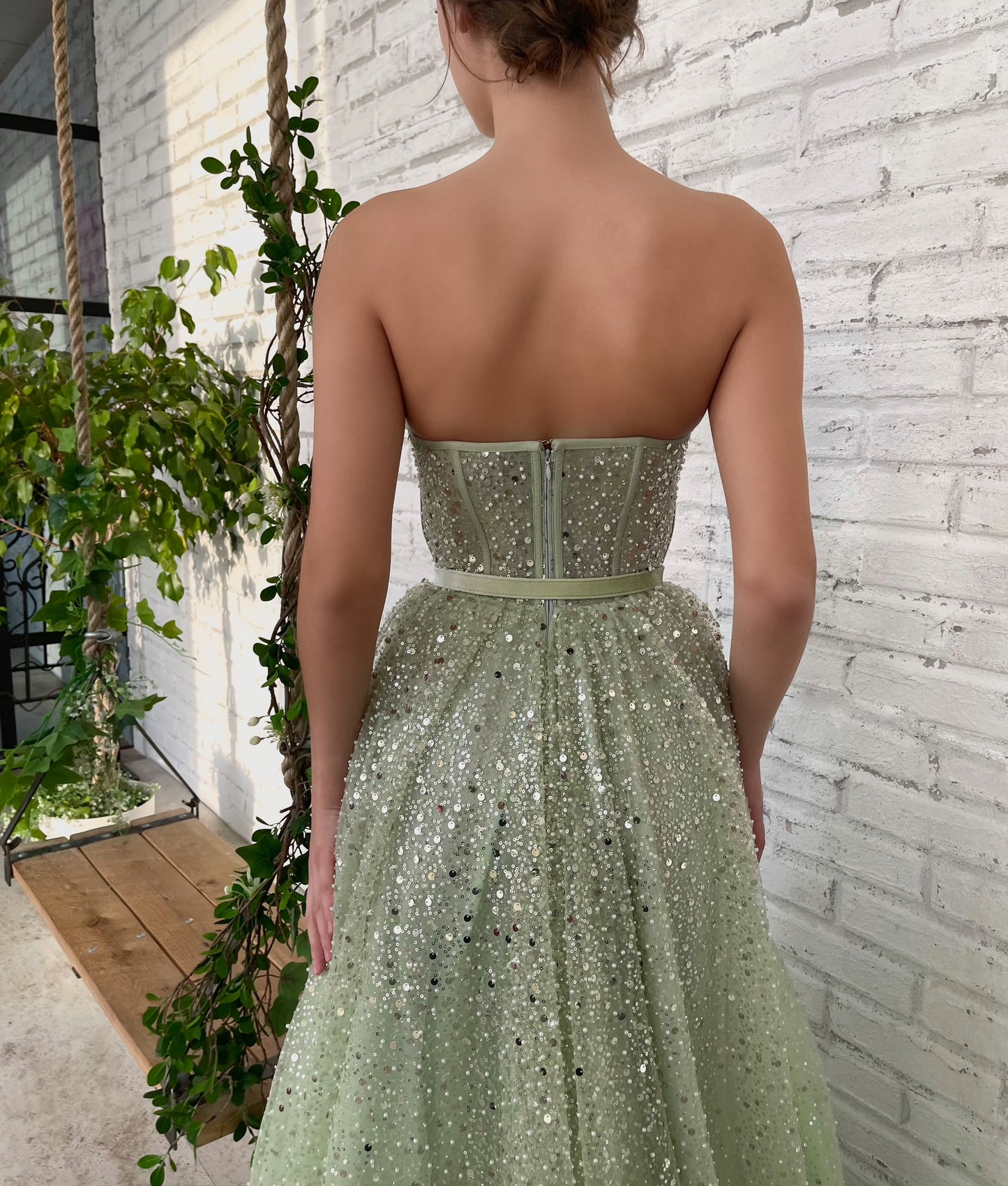 Green A-Line dress with belt and no sleeves