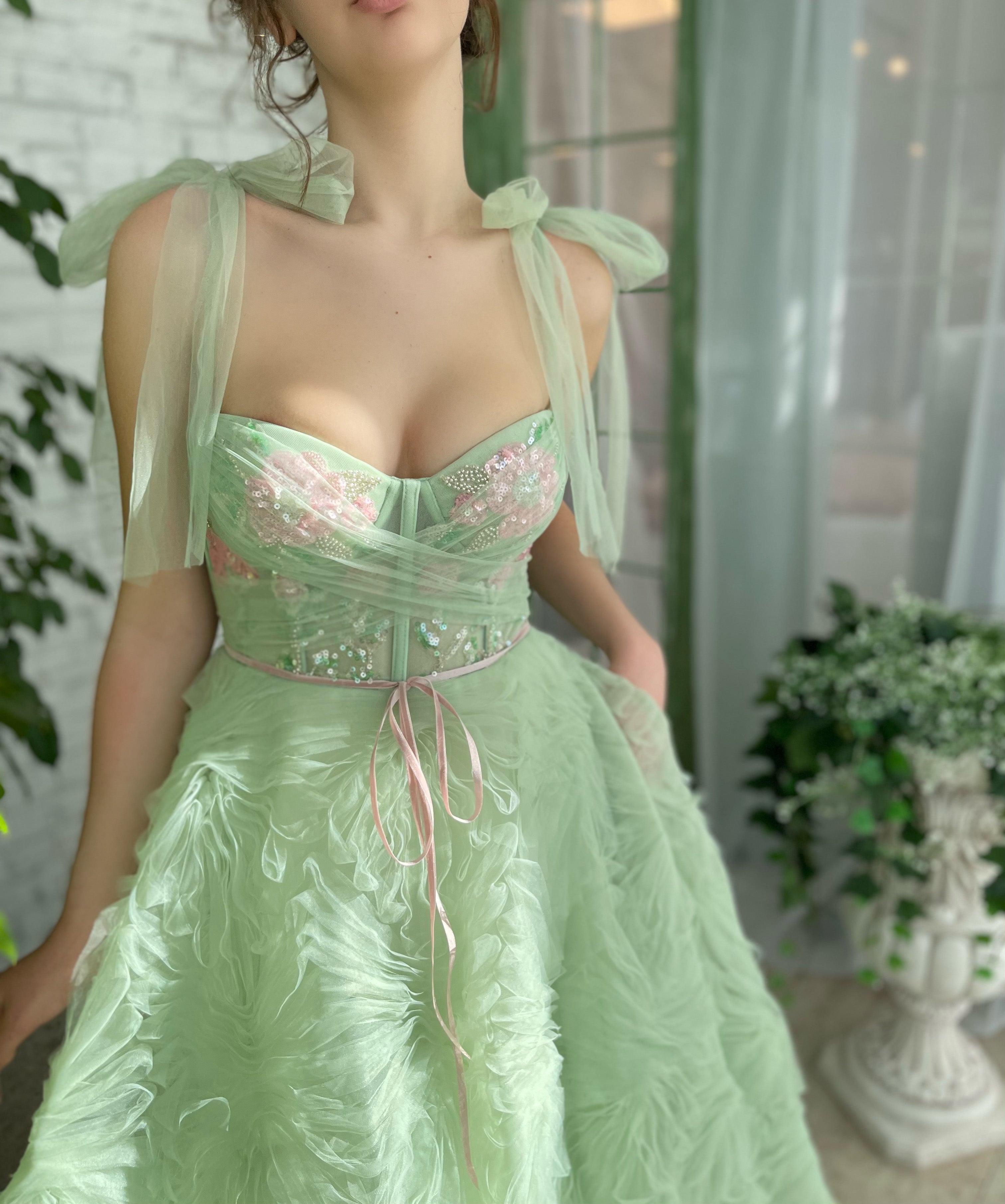 Green A-Line dress with bow straps and embroidery